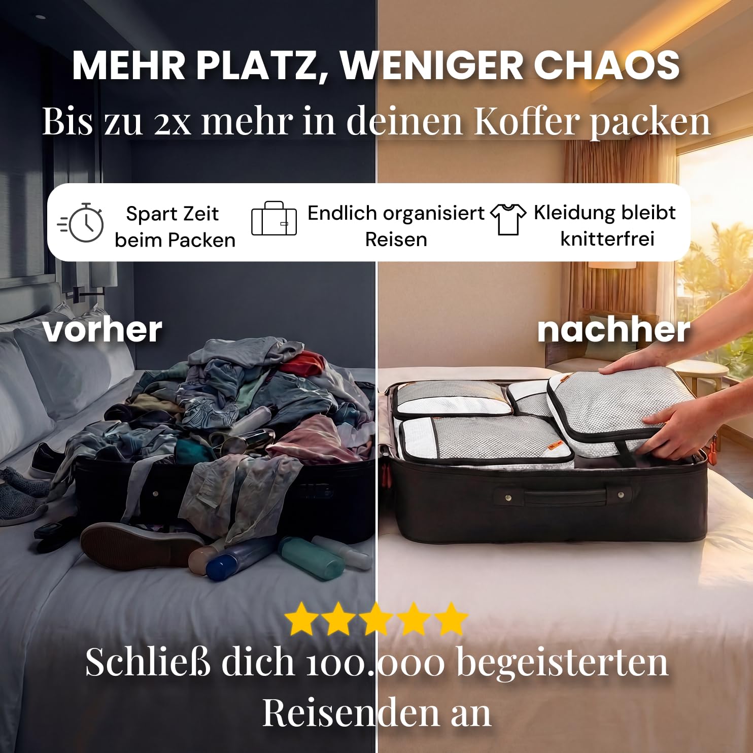 Kleidertaschen Set mit Kompression für Rucksack [3-teilig] - mehr Platz im Koffer oder Backpack durch – Packtaschen (grau)