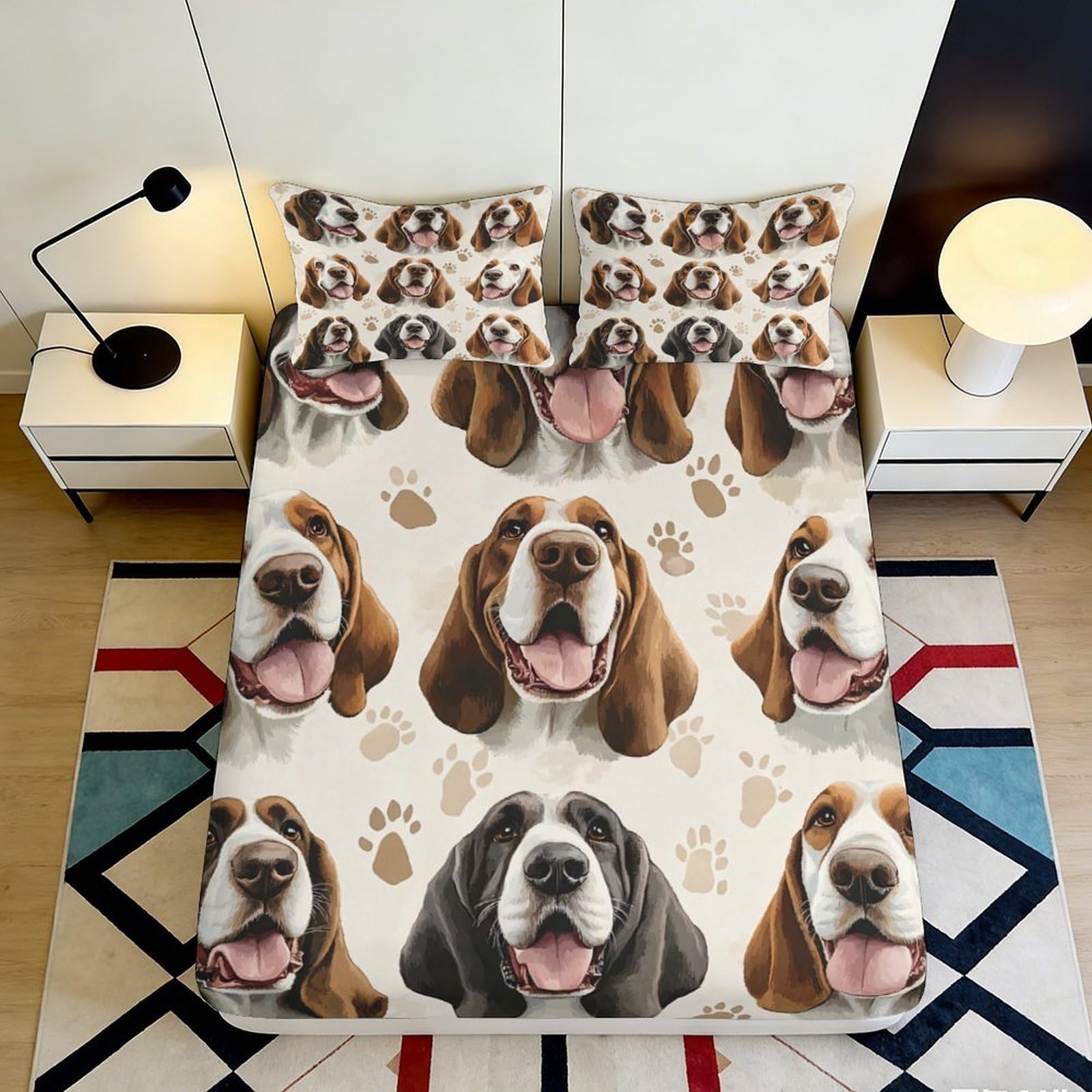 3D Printed Basset Hound Dog Fitted Sheet Microfiber Soft Bedroom Decor Puppy Paw Bed Cover for Mattress Protection 140x200x25cm