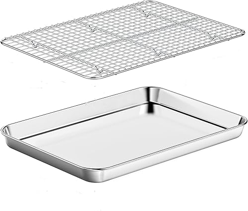 Mini bandejas para hornear con estante, bandejas pequeñas para galletas y estante de enfriamiento antiadherente, bandejas para hornear de acero