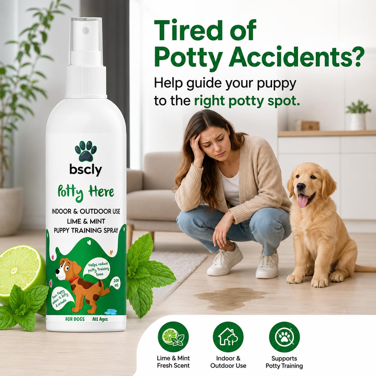 Bscly Dog Potty Training Spray for Puppies & Dogs | Pee Attractant & Toilet Training Aid | Trains Pets to Go in One Spot | Indoor & Outdoor, Pee Pad Friendly | Fresh Lime & Mint | 200ml