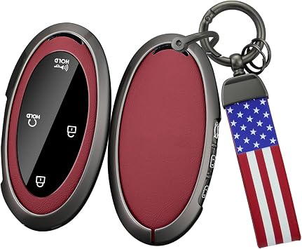 SANRILY Metal & Leather 5/7 Button Key Fob Cover Case Compatible with Hyundai Santa Fe 2024 2023 Ioniq 6 Azera Grandeur GN7 KONA Keyless with Keychain Red