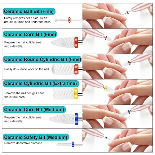 Miniatura 10 de Cellentool Juego de 25 brocas de uñas con caja de almacenamiento, brocas de carburo de diamante de cerámica de tungsteno de 332 pulgadas para uñas