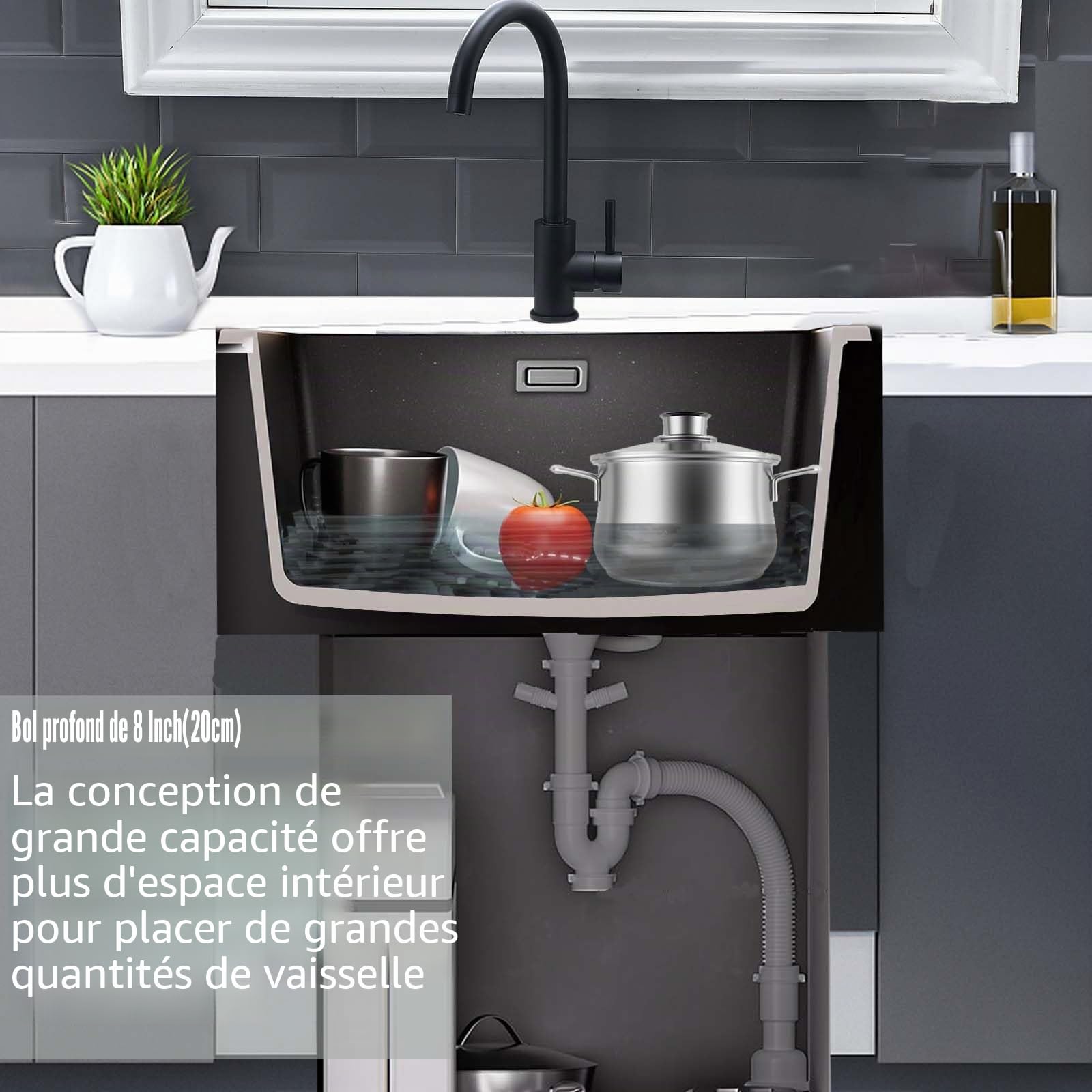 Évier Cuisine en Quartz Noir, 50 X 45 cm Évier de Cuisine 1 Bac | Évier Encastrable Compatible Montage sur Plan et Sous Plan, Accessoires Inclus, Adapté pour le Camping et Camping-Car