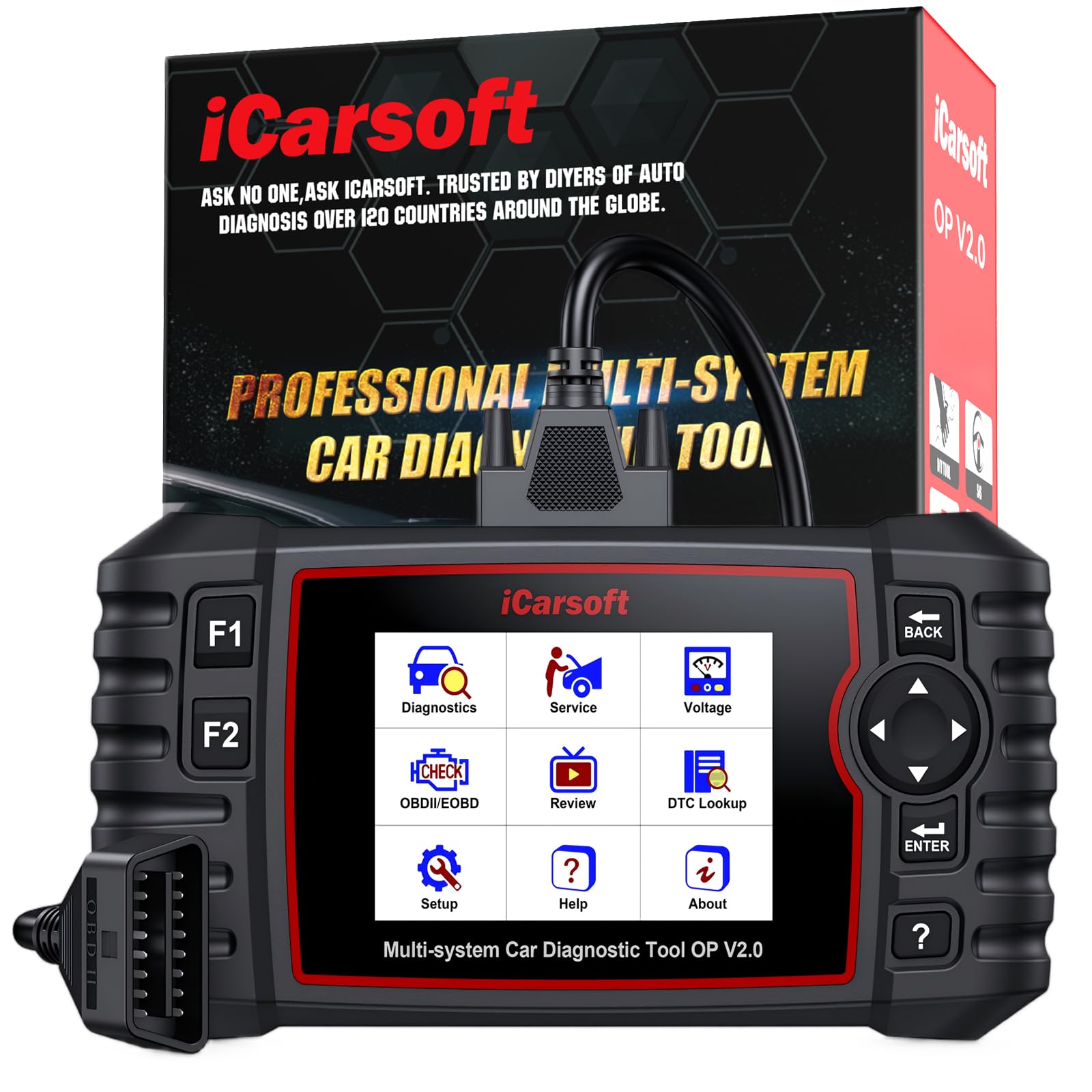iCarsoft OP V2.0 OBD2 Máquina Diagnosis Coche para Opel/Vauxhall, Escáner de Todo el Sistema, Detector Fallos Coche con 9 Funciones Reinicio, Prueba de Batería, Actualización de por Vida