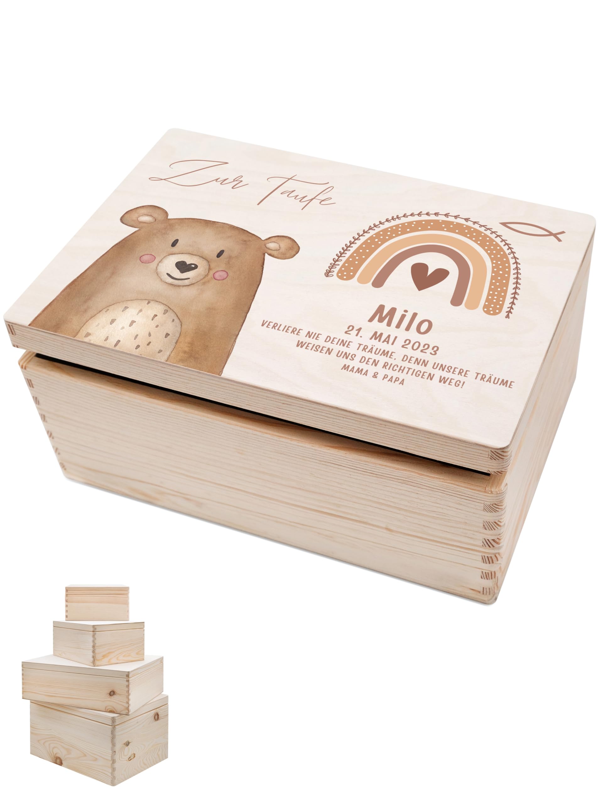 wunderwunsch - Personalisierte Erinnerungsbox Baby mit Hochwertigem Druck - Individuelle Erinnerungsbox - Niedliche Erinnerungskiste aus Holz - Geschenk zur Geburt Bär M flach-Klappdeckel