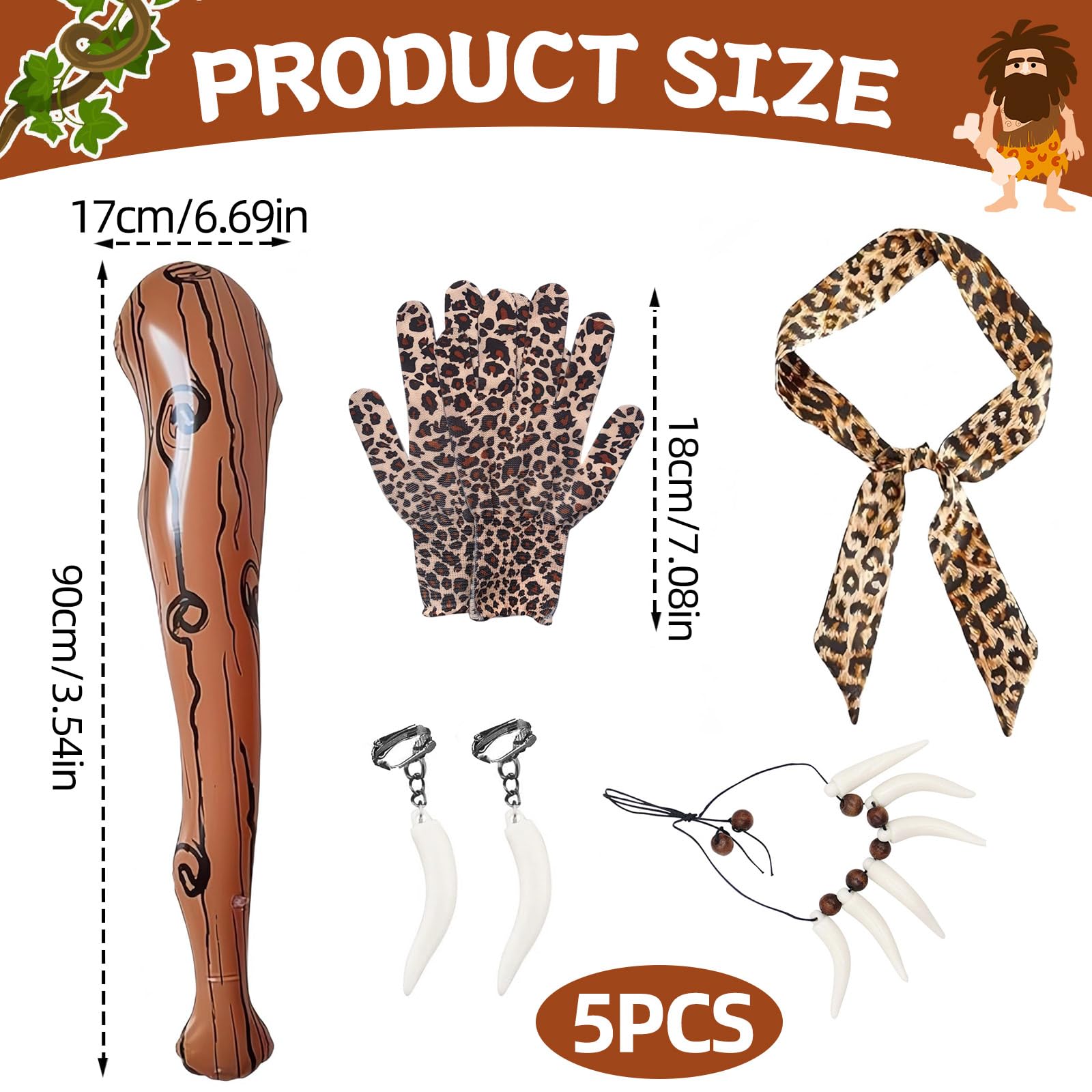 LIUQOBN 5 Pieces Wild Caveman Costumes, Include Inflatable Wooden Stick Leopard Print Scarf And Gloves Ivory Necklace And Earrings,Caveman Costume Accessories Adult For Halloween Costumes Stone Age - Image 2