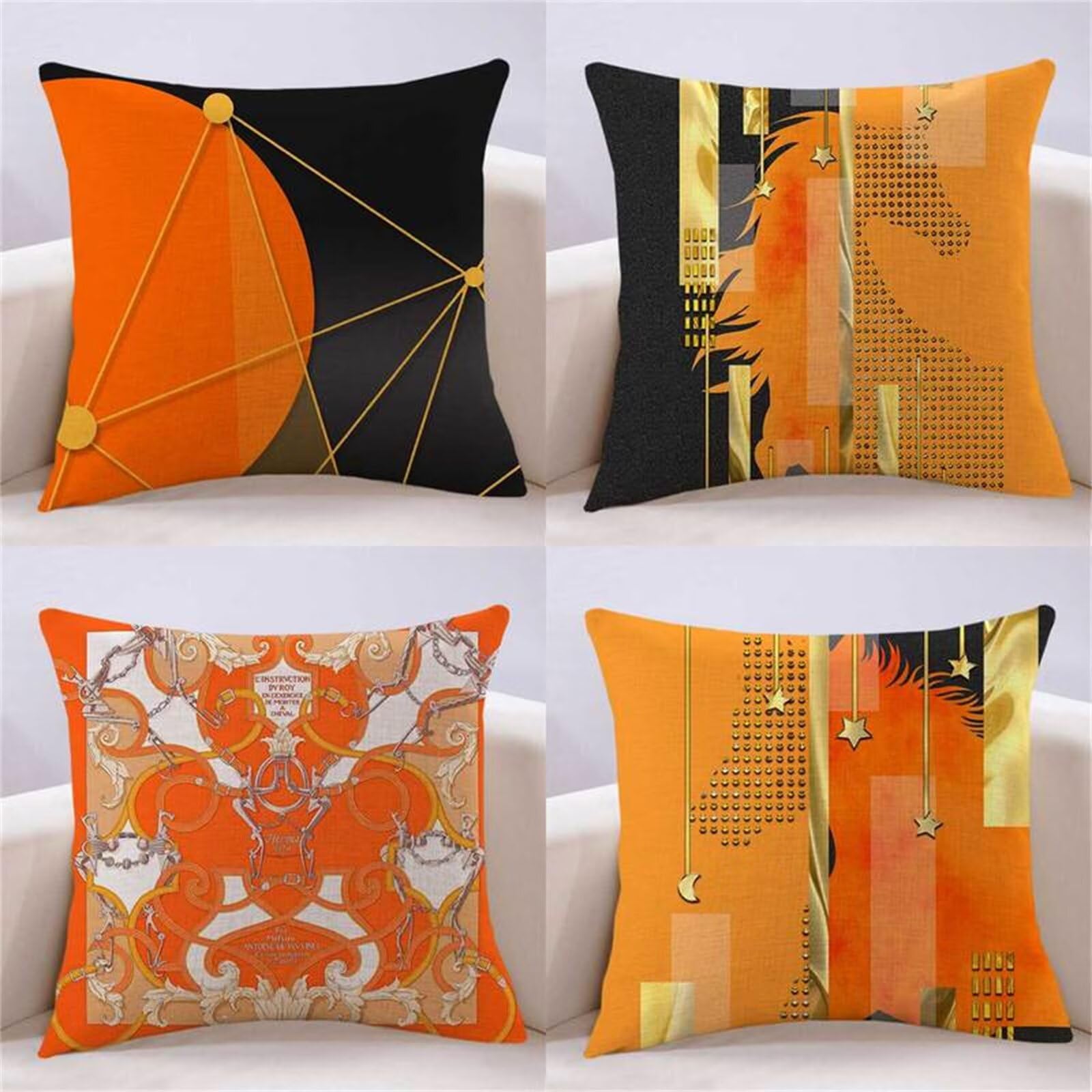 Kissenbezug 50x50 Set mit 4 Outdoor Kissen Modernes Orange Deko kissen Leinen Kissenhülle Beidseitig Quadrat Kissenbezüge Modernes Orange Muster Kissenhüllen für Wohnzimmer Dekokissen 50x50cm Z-4100