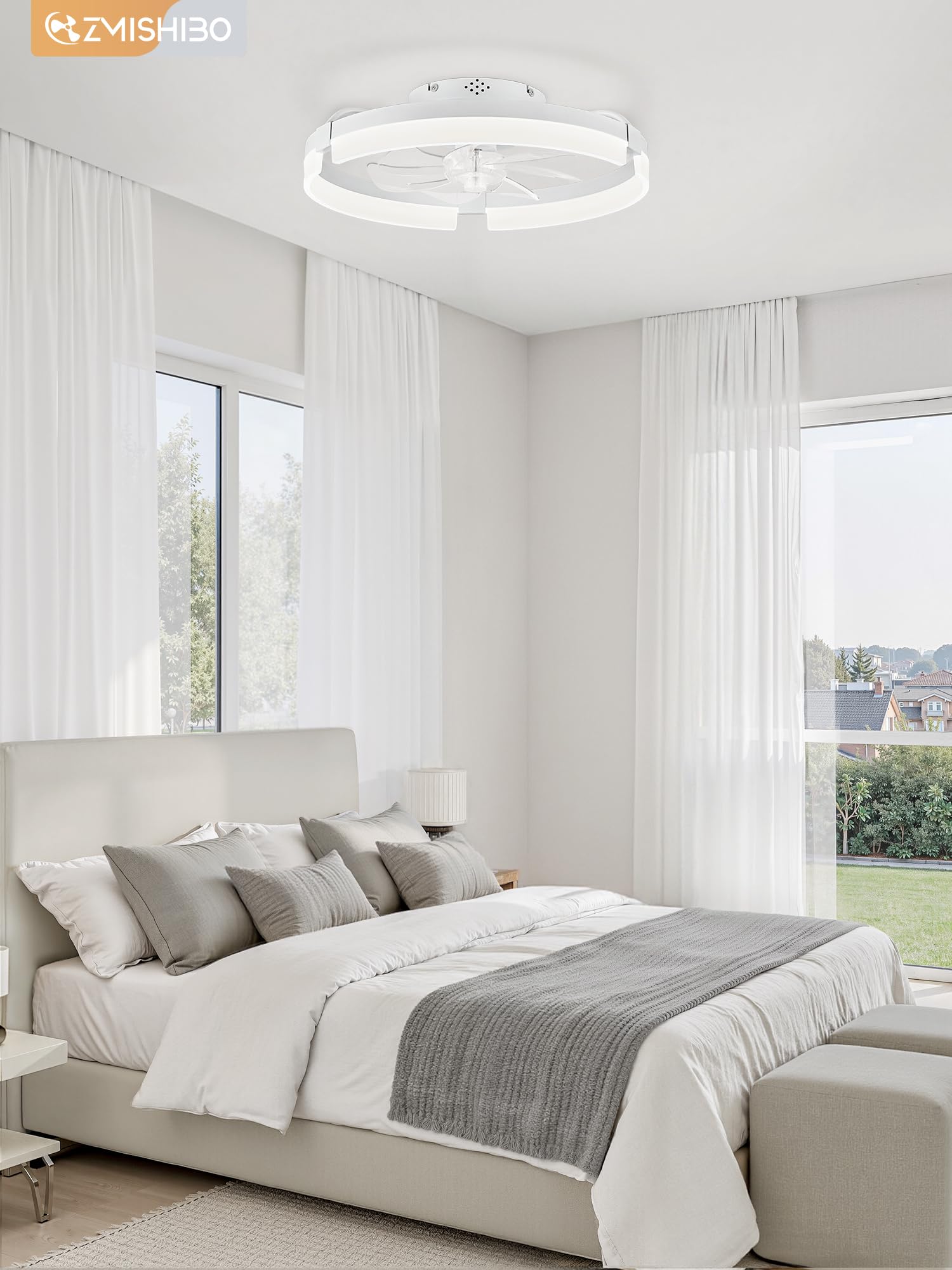 ZMISHIBO Ventilateur de Plafond 50 cm Moderne avec Lumière LED, Profil Bas, Silencieux, Flux Réversible, 6 Vitesses, 3 Couleurs de Lumière, Chambre/Salon, Blanc