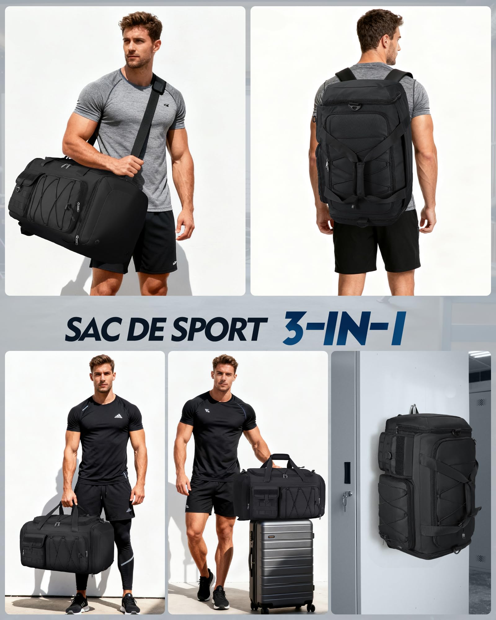 RAINSMORE Sac de Sport Homme Femme 45L, Sac de Voyage 3 en 1 Bagage avec Compartiment Chaussures et Séparation Humide, Sac Fitness Gym Imperméable pour Yoga Weekend Noir