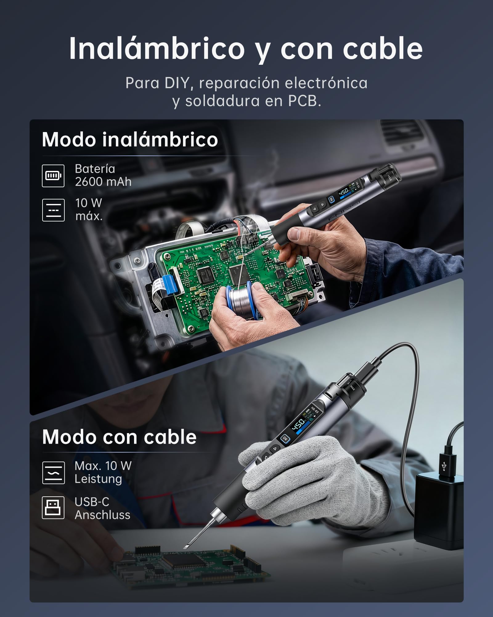 FNIRSI HS-03 Batería Soldador Kit Soldador Inalámbrico con Batería de 2600 mAh, 100-450 °C, calentamiento rápido 3s, 5 niveles de temperatura, pantalla IPS de 0,96 pulgadas, soldador portátil para