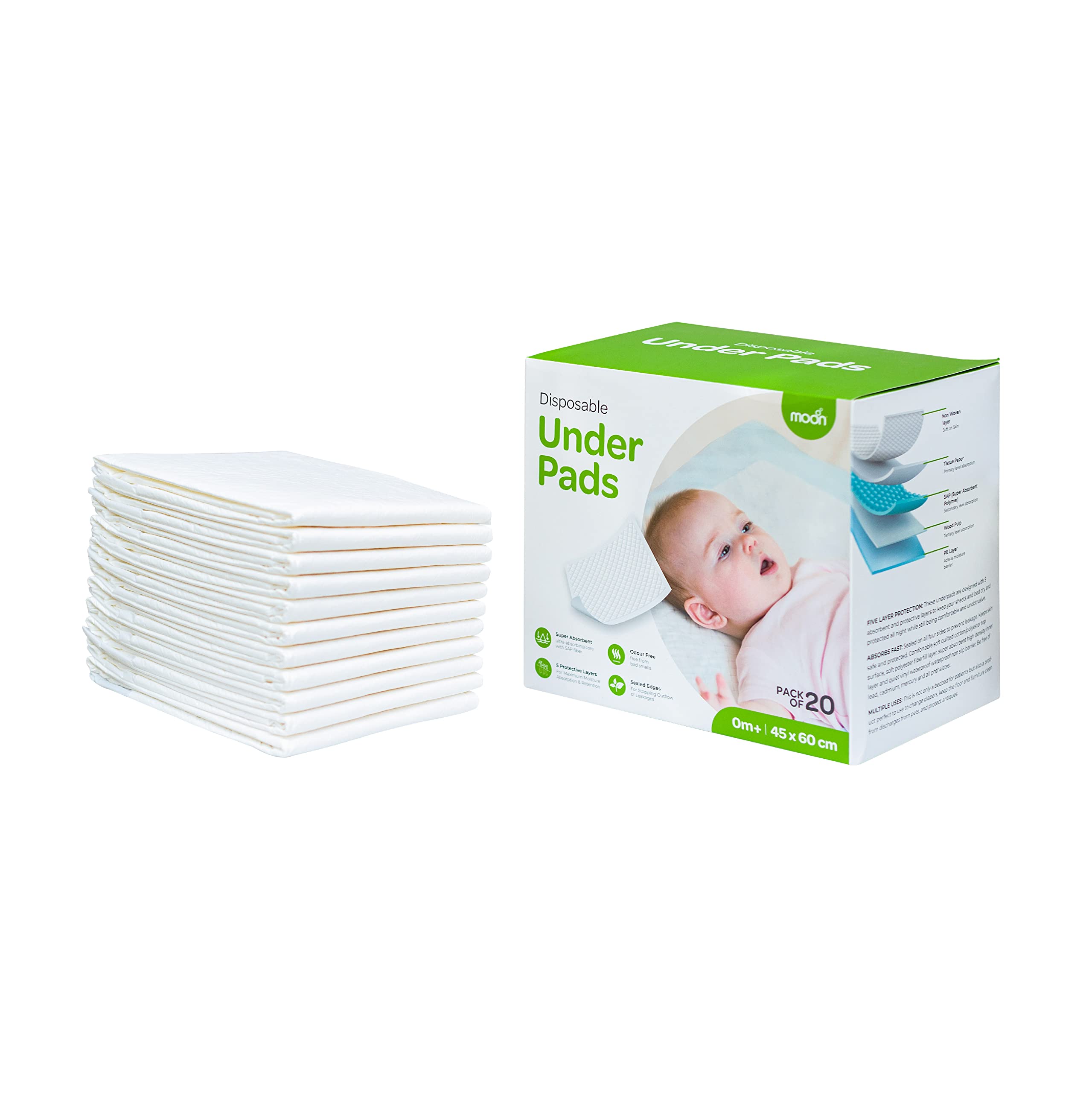 The Moon Brand Disposable Under Pads. Highly Absorbent, OdourFree Ultrasoft NonWoven Top Sheet, MultiUse, LeakProof Bed Pads for Adults and Kids, Unisex, Size 45cm x 60cm -Pack Of 20