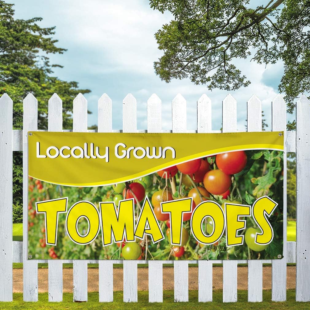 Vinyl Banner Sign Locally Grown Tomatoes Business Locally Grown Tomatoes Outdoor Marketing Advertising Yellow - 24inx48in, 4 Grommets, One Banner