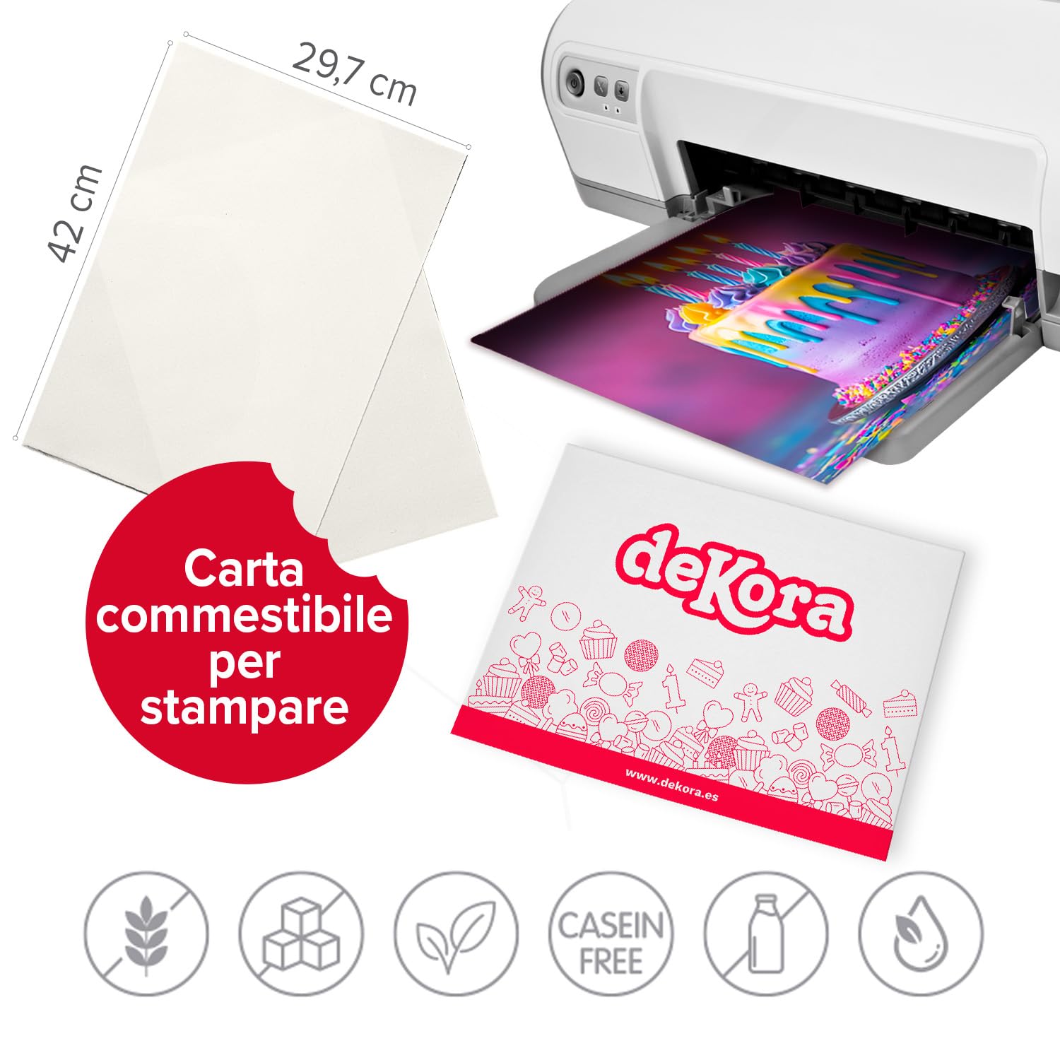 dekora – 20 Fogli A3 di carta commestibile per stampante alimentare | Decorazioni commestibili per torte | Senza zucchero, senza glutine, senza E171 compatibile con stampanti inkjet