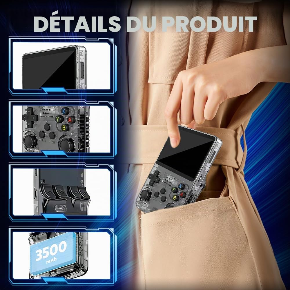 R36s Console de jeu portable, rétro, avec écran de 3,5 ", carte TF de 64 Go et plus de 15 000 jeux classiques, portable, noire