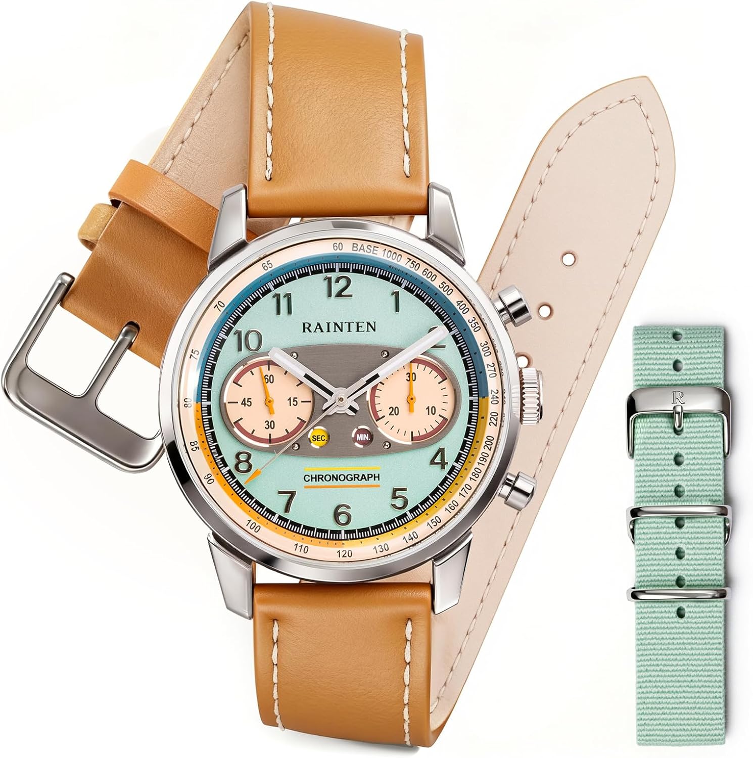 Chronograph Watch, Mechanical Watch for Men, Case 40mm, Seagull St19 | Stainless Steel with Genuine Leather Strap and Sapphire Crystal, Nylon Strap, Gifts- R9032, R9031B, R9031, R9031A