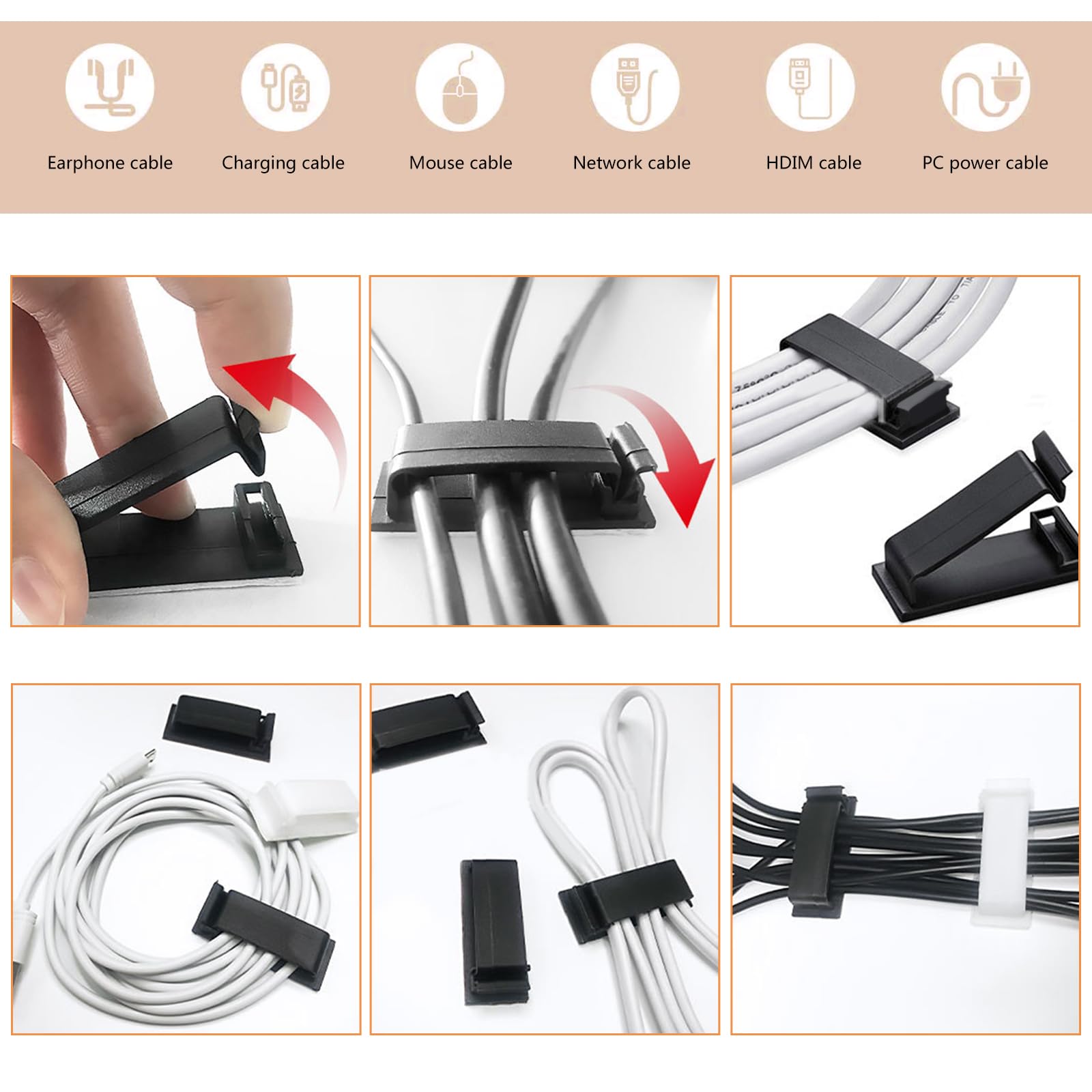 50 Pcs Câble Management, Gestion Clips Câble Adhésifs, Supports De Clips Rangement Câble Pour Bureau, Maison, Voiture, TV, PC (Blanc