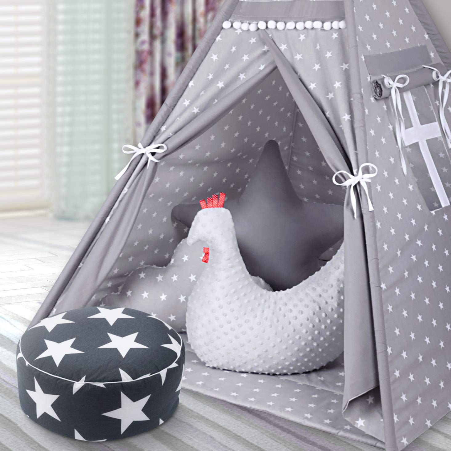 Amilian - Cojín de asiento, puf, funda lavable de 100% algodón, aprox. 50 cm de diámetro, 20 cm de alto, para niños, relleno suave, reposapiés, cojín, asiento, decoración