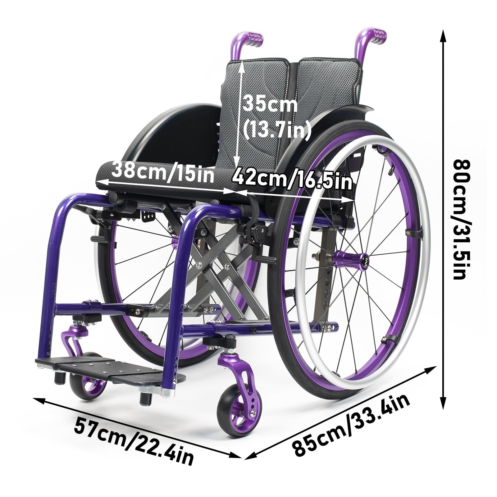 Sedia a rotelle Sportiva, in Lega di Alluminio Leggera con Freni a Mano, Ruote Posteriori a sgancio rapido, Design Pieghevole ergonomico per Il Trasporto.