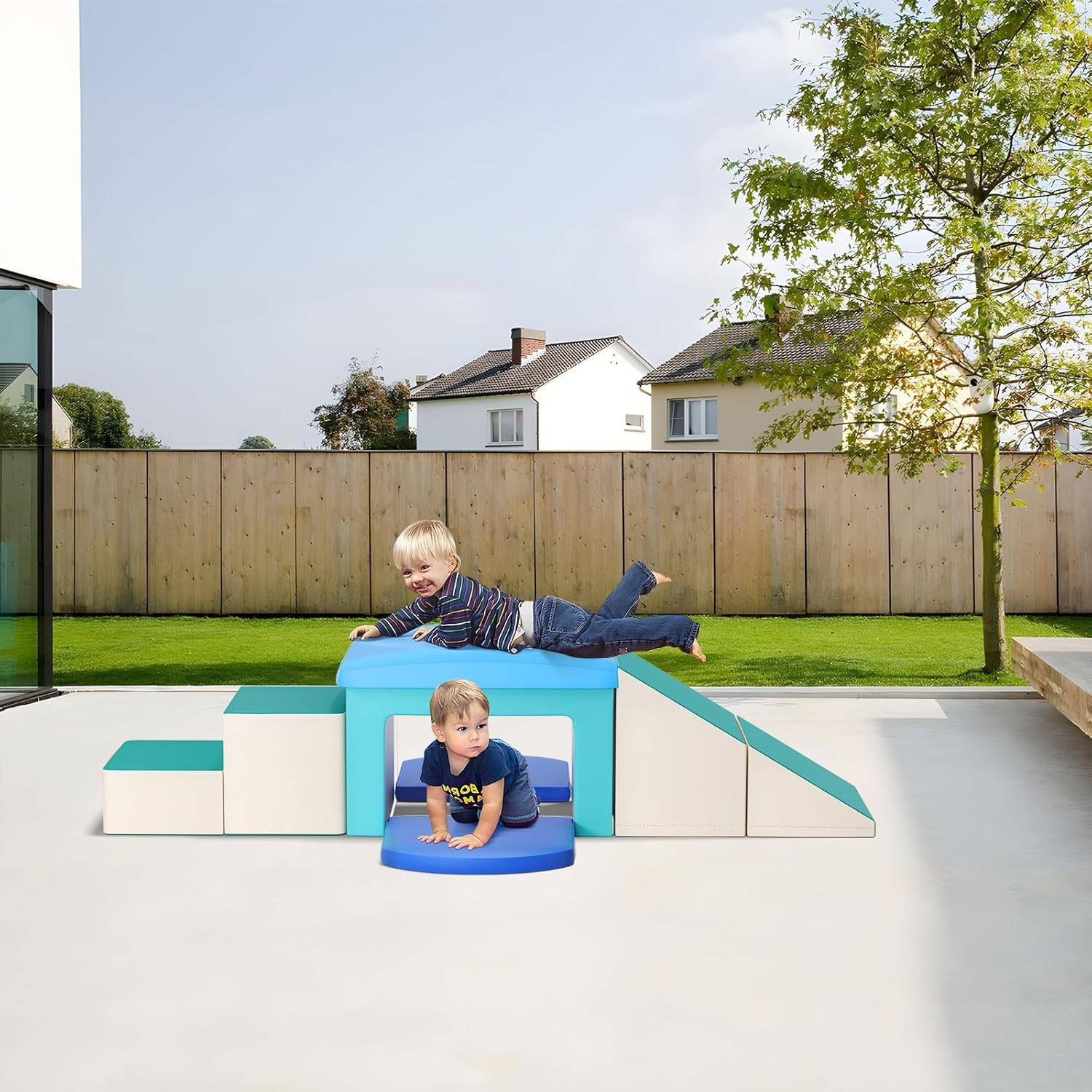 Blocs de construction en mousse pour enfants, 5 pièces souples pour grimper, ramper et jouer en toute sécurité et confortable, blocs de jeu d'intérieur antidérapants et stables (bleu clair)