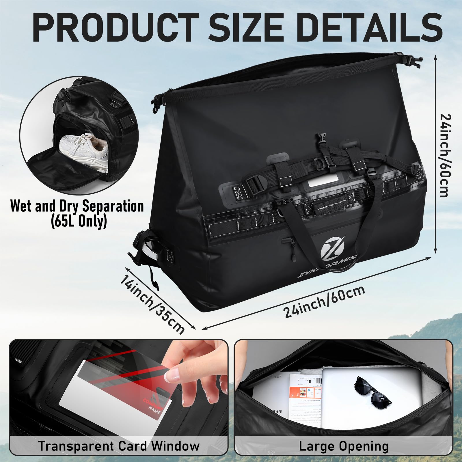 Borsone da Viaggio Impermeabile con Funzione Zaino per Avventure, Borsone Zaino Grande per Vacanze al Mare, Kayak, Canottaggio, Pesca, Escursionismo, Campeggio, 65 L 110 L 160 L