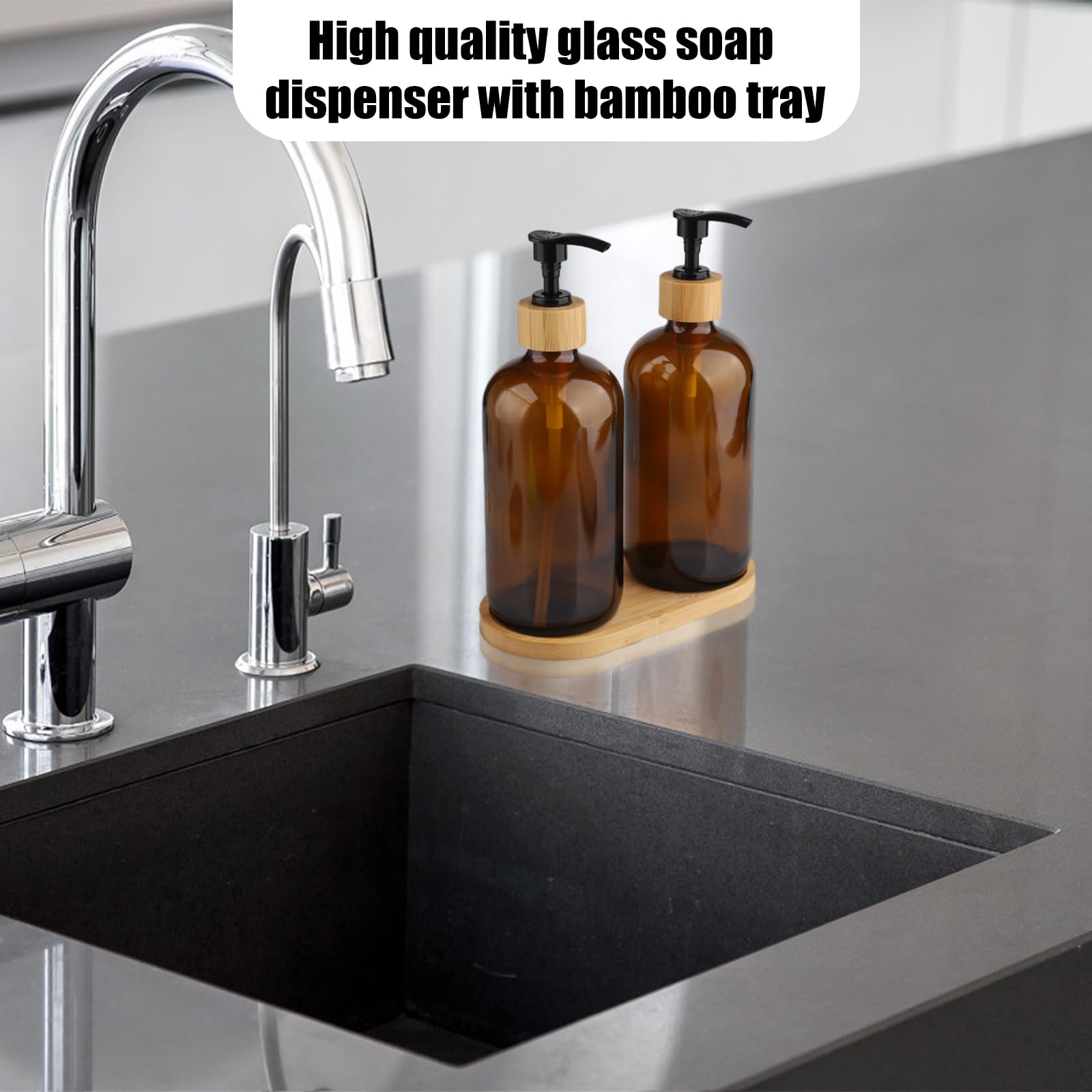 Set di dispenser per sapone in vetro, due da 500 ml dispenser sapone mani, un dispenser ricaricabile con vassoio e pompa, adatto per bottiglie di shampoo, ideale per bagno e cucina (marrone)