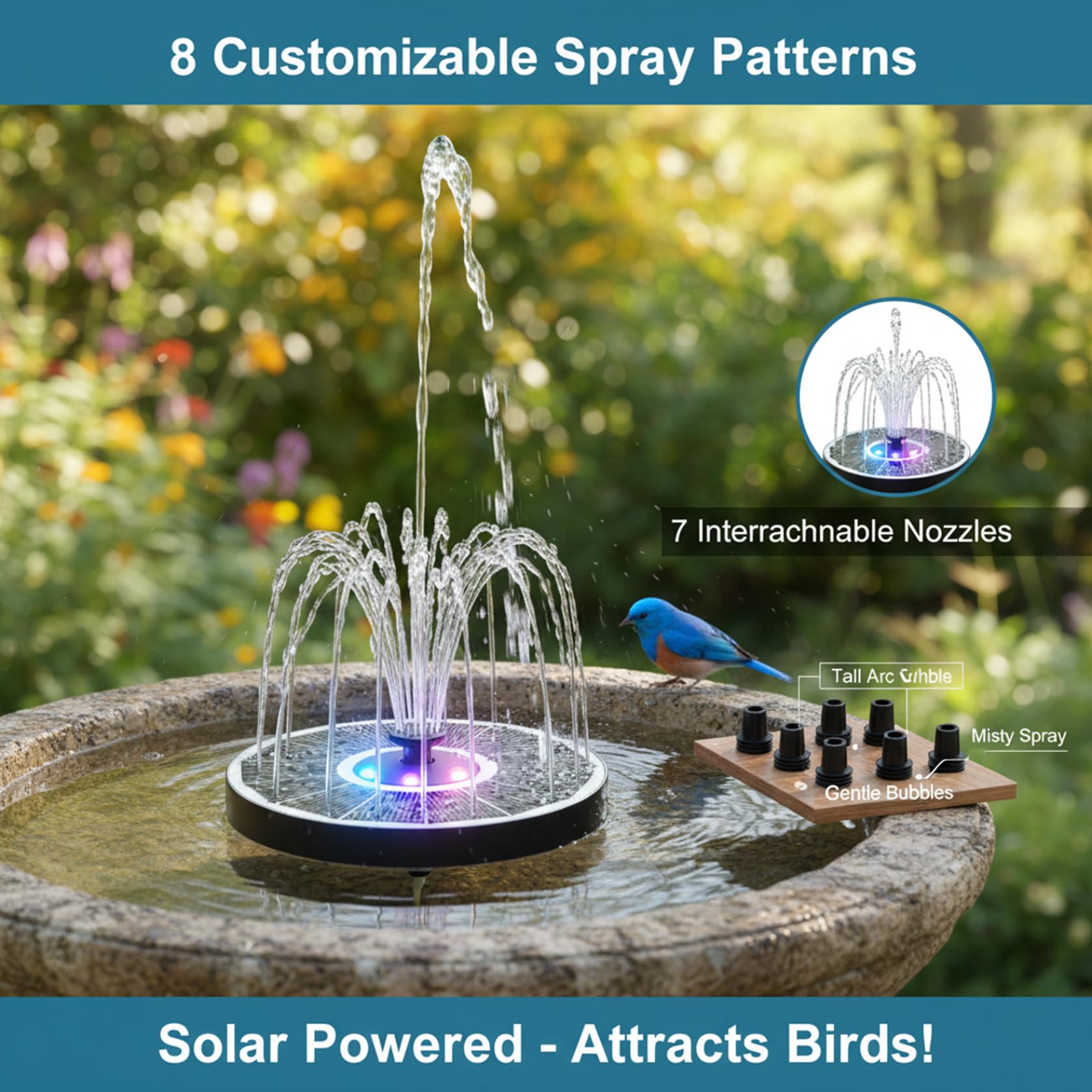 Fontana ad energia solare, Fontana solare da 16 pollici con luci LED RGB, Bagno per uccelli galleggiante per decorazioni da giardino esterno, 6 ugelli spray