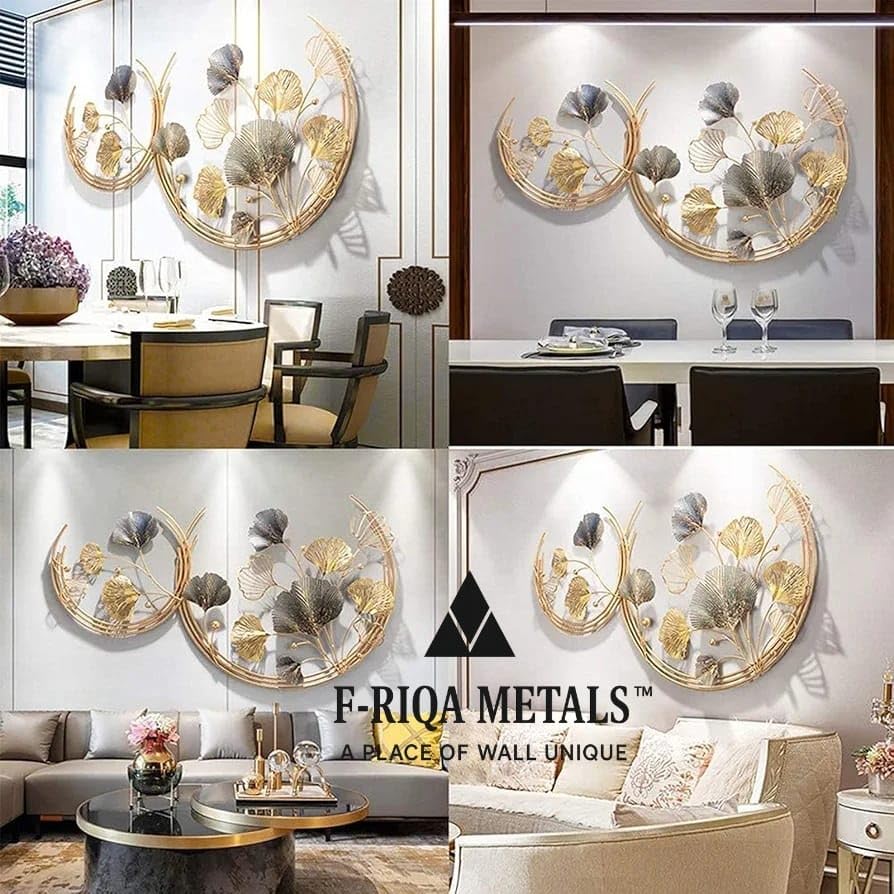 Image of F-RIQA METAL Luxury Half Moon 3D Metal Wall Art | Golden & Silver Leaf Design Wall Hanging | Modern Decorative Wall Sculpture for Living Room, Dining Room & Bedroom Decor