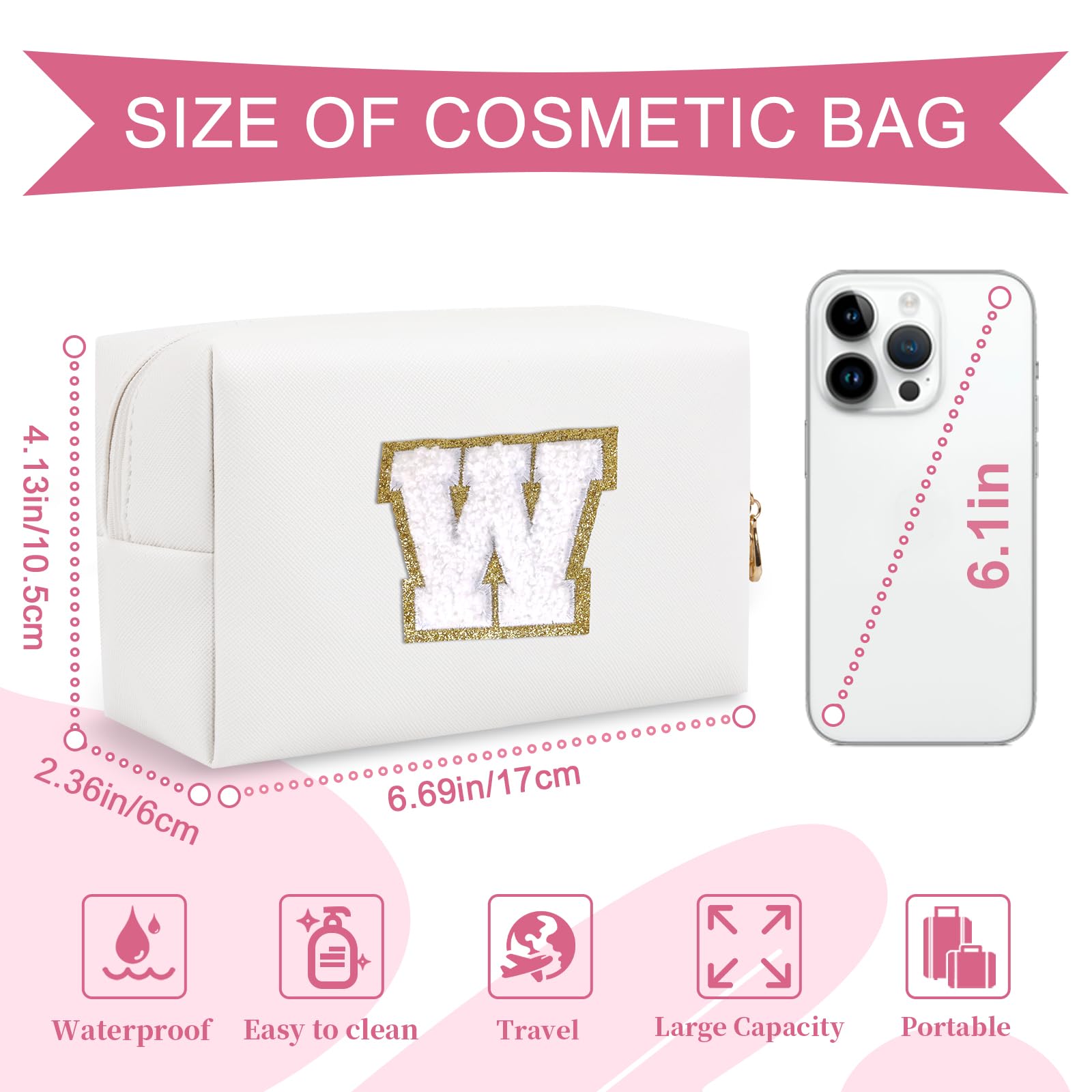 Personalisierte A-Z Kosmetiktasche, Kleine Reisetasche mit Reißverschluss, Süße weiße Kulturbeutel, Geschenk für Mädchen und Frauen Geburtstag, Weißer, weißer Buchstabe, W, modisch