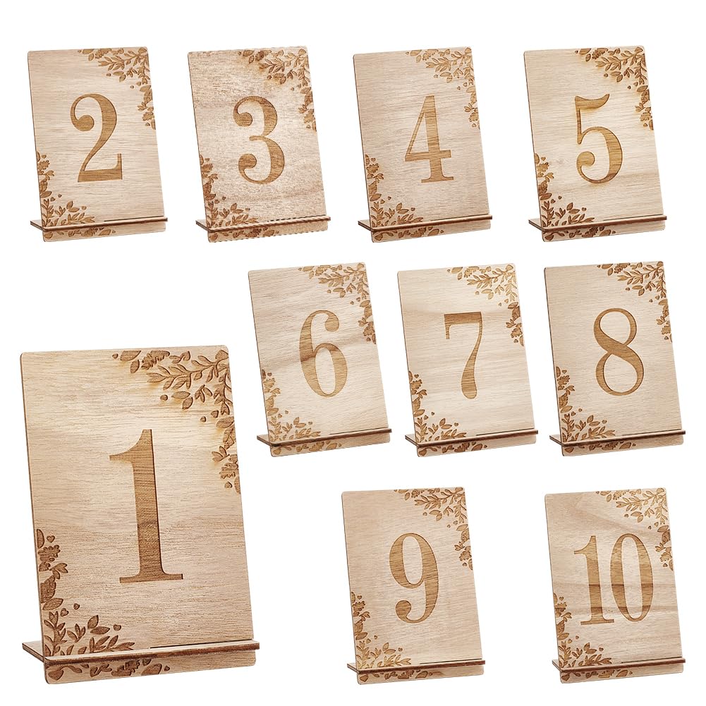 Pandahall 1-10 Números de Mesa de Madera, Letreros de Mesa con Soporte de Base Tabla de Asientos Reutilizables Tarjetas de Números de Mesa para Decoración Rústica Bodas Fiestas Restaurantes