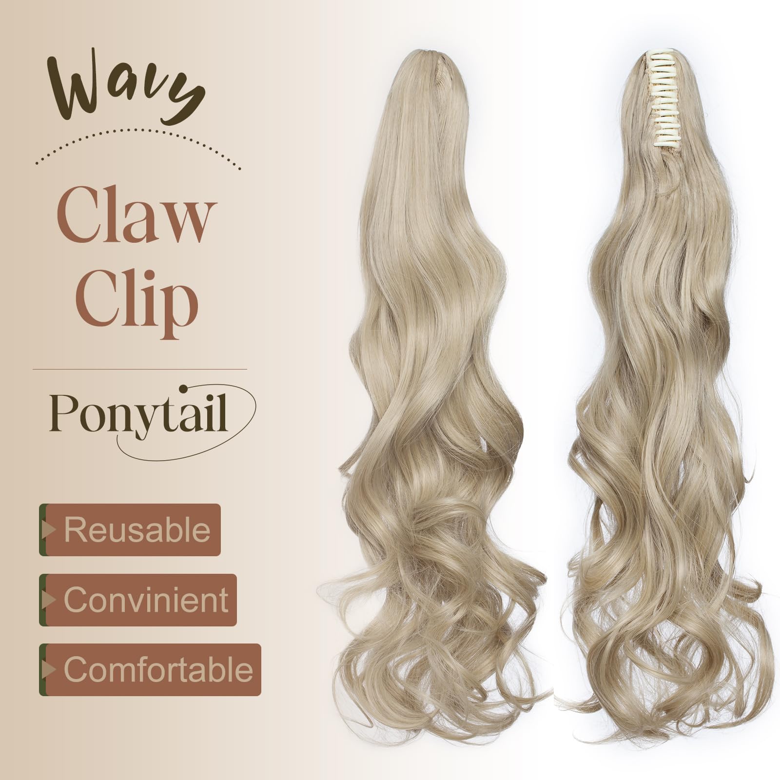 TESS 24 Inch Claw Clip Ponytail Hair Extensions Curly Wavy Ponytail Extension #Ash Blonde Mixed Bleached Gold Hair Extension for Women 150g - Image 2