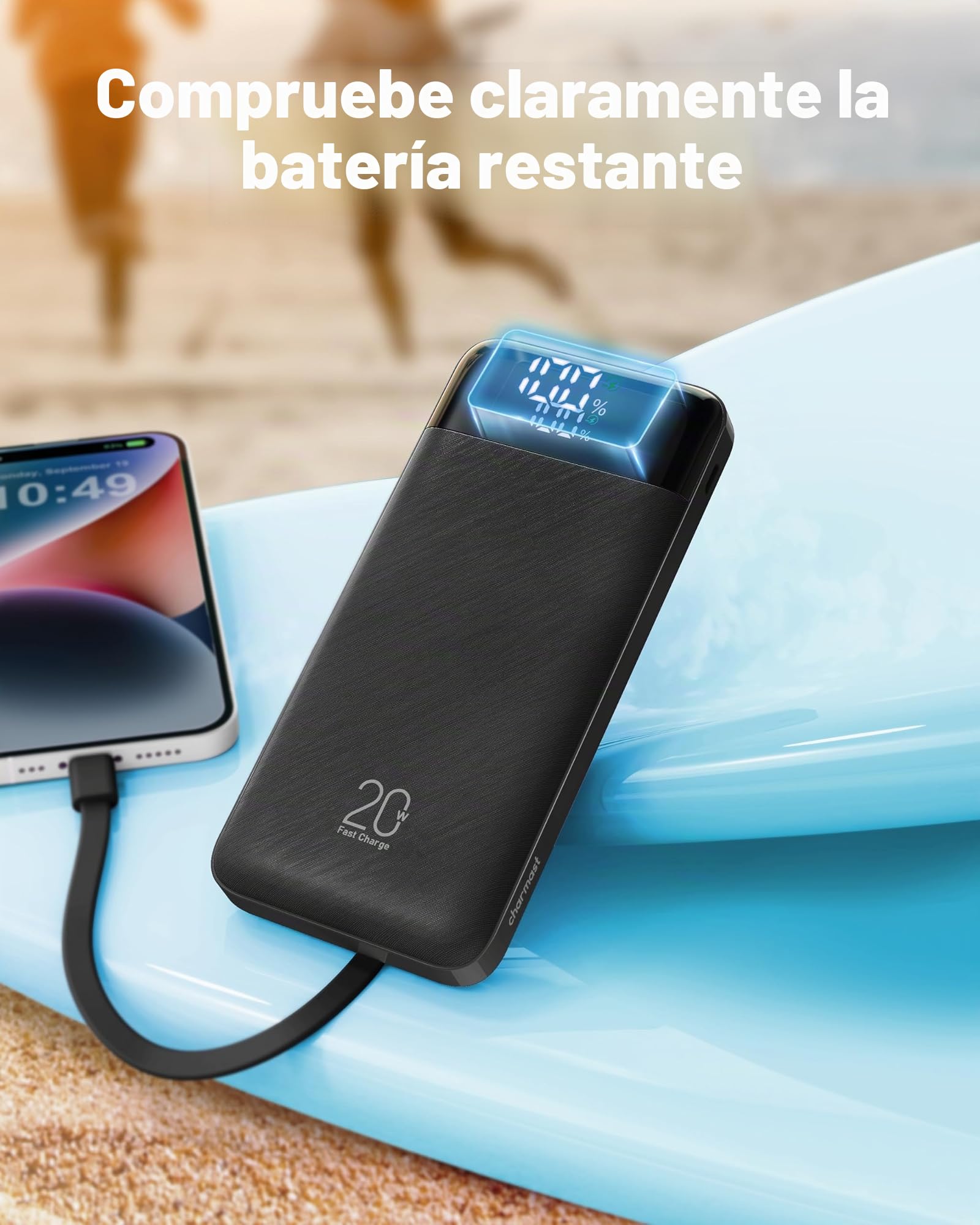 charmast Cargador portátil de 20000 mAh con cables integrados, batería externa de viaje de 22.5 W, carga rápida, paquete de batería USB C para iPhone 17/16/15/14/13/12, iPad, Samsung, Android, tablet