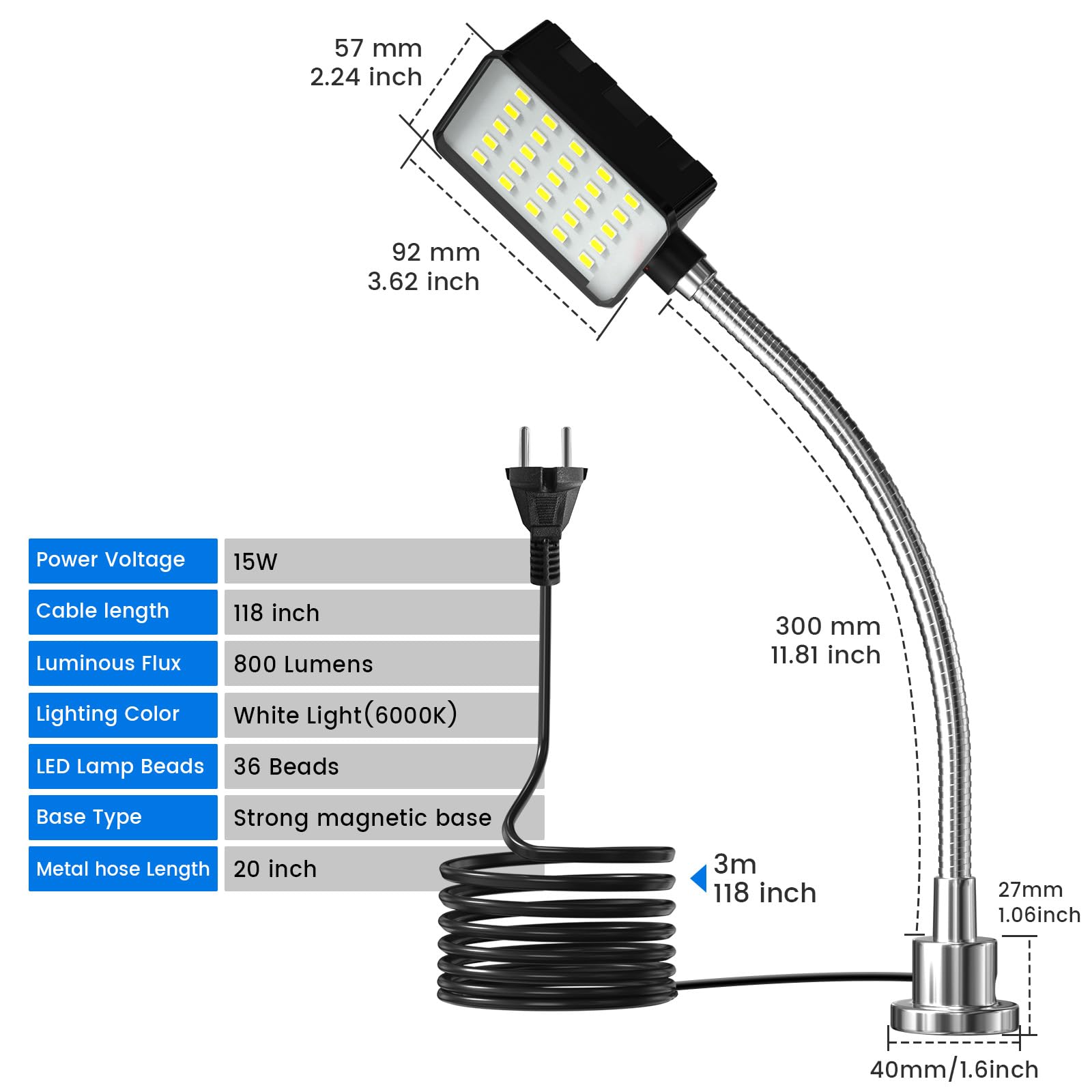 Lampe de Travail Magnétique 10W,6000 K Lampe de Travail LED avec Col de Cygne Flexible et Base Magnétique,Magnétique COB LED Lampe pour Établi,Machine à Coudre,Grill,Atelier,Éclairage Industriel
