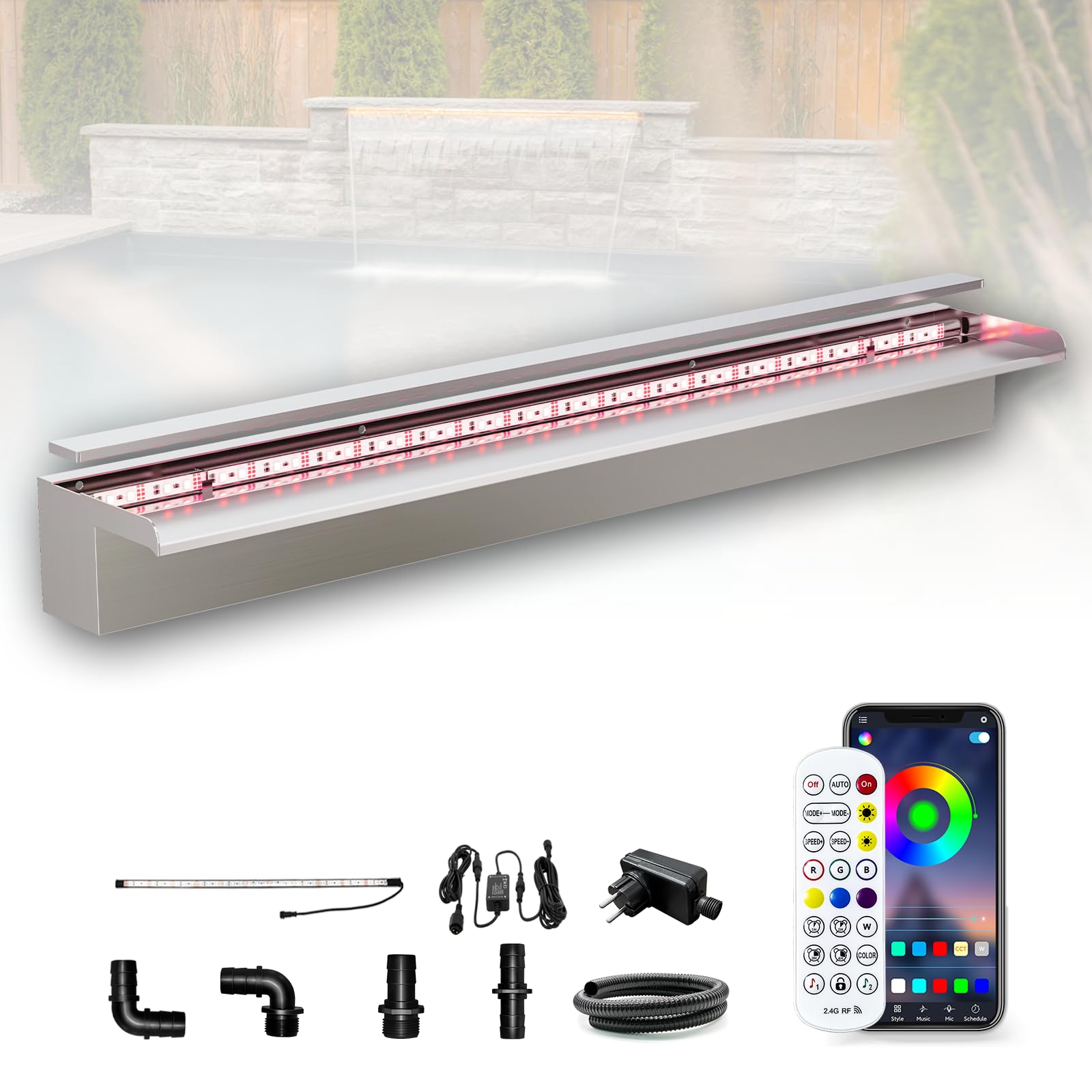 Longrun 90cm Pond Waterfall Blade Kit, 304 Stainless Steel Waterfall Feature Spillway, Outdoor Pool Fountain with 7 Colors Bluetooth LED Lights and Remote Control, Width 15cm — image 1