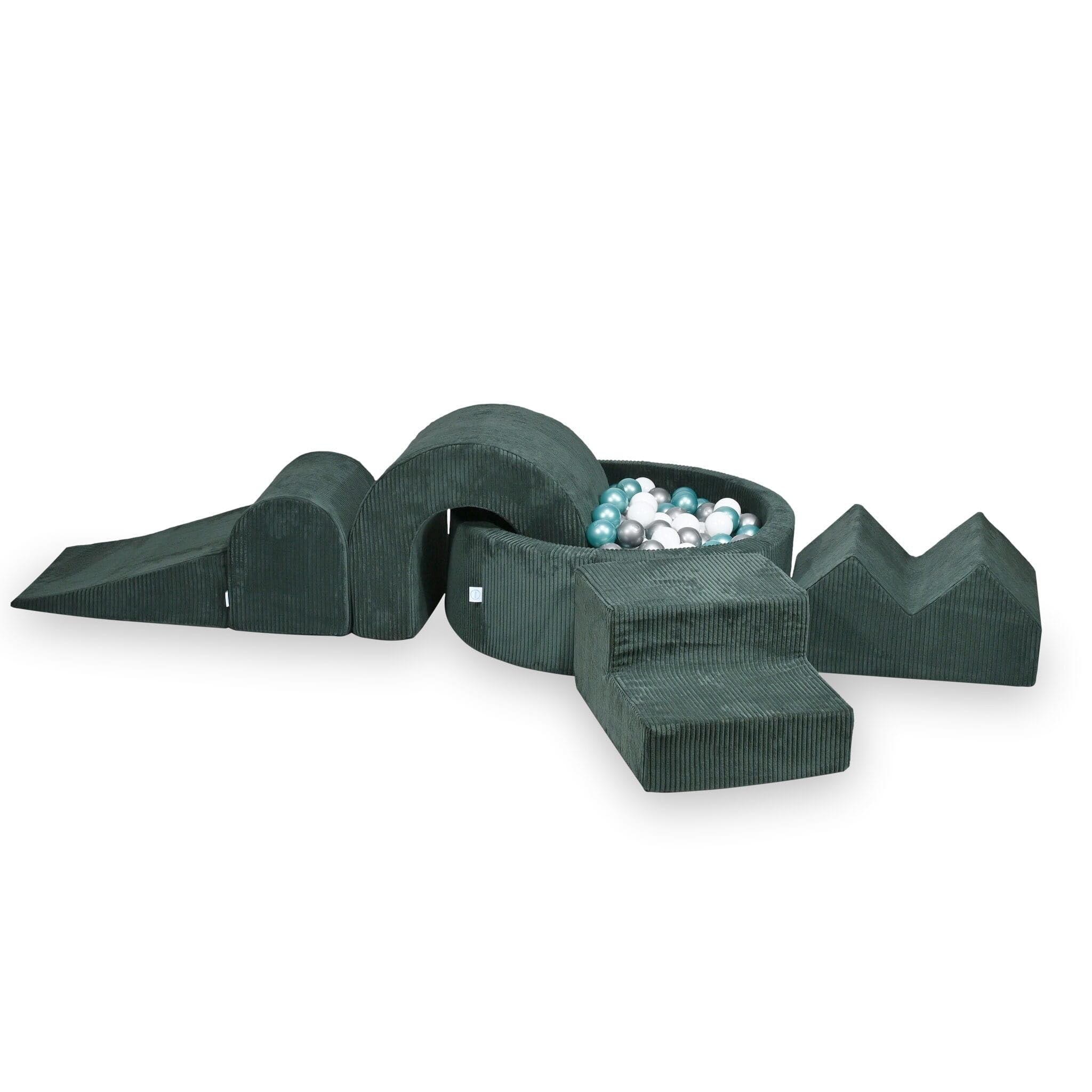 Mimii Parco giochi in gommapiuma con piscina di palline rotonda, 90 x 30 cm, corduroy, verde, 5 elementi, giocattolo da arrampicata, per bambini e neonati, con 200 palline: bianco/argento/turchese