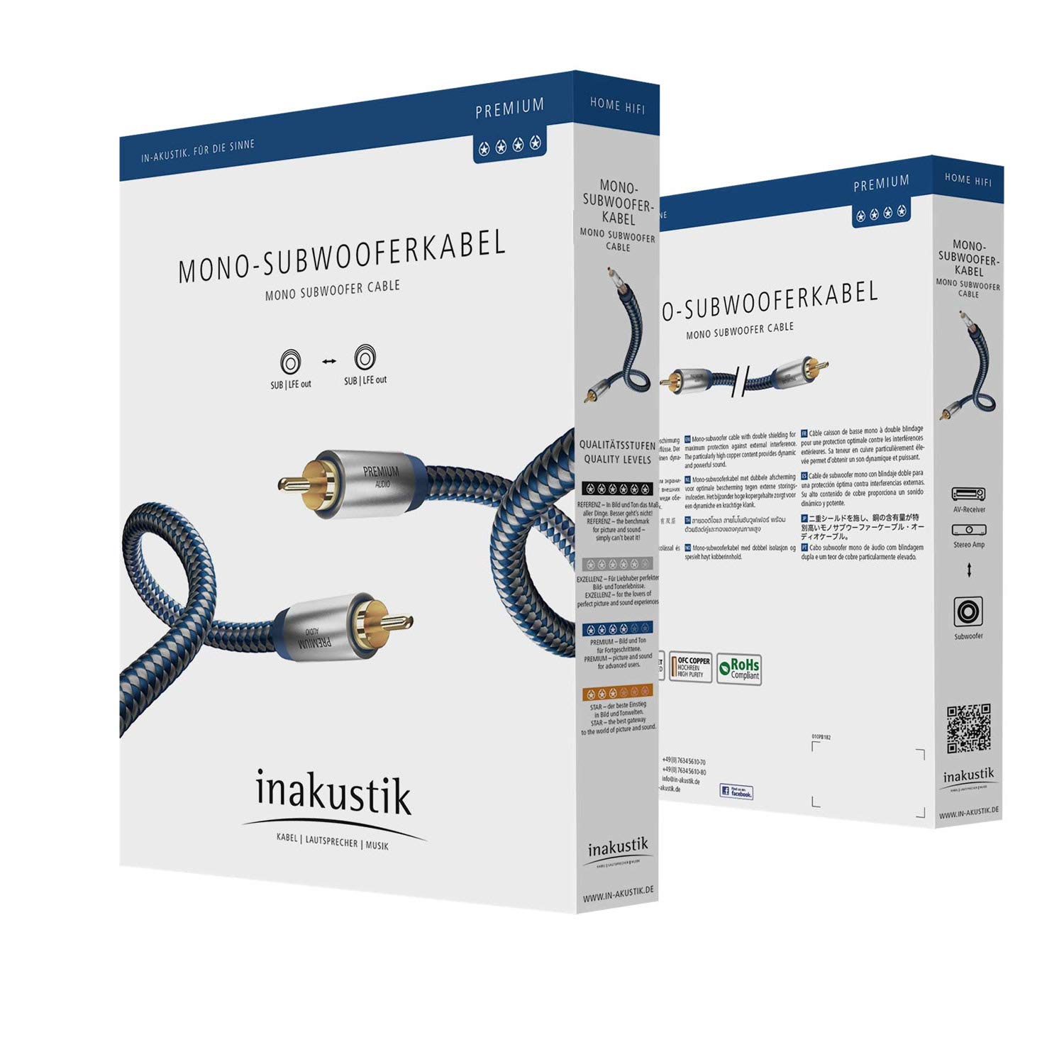 inakustik – 00408021 – Premium monosubwoofer cable | For powerful and dynamic bass thanks to high copper content | 2 m in blue/silver | 2-way shielding - full metal plug - modern