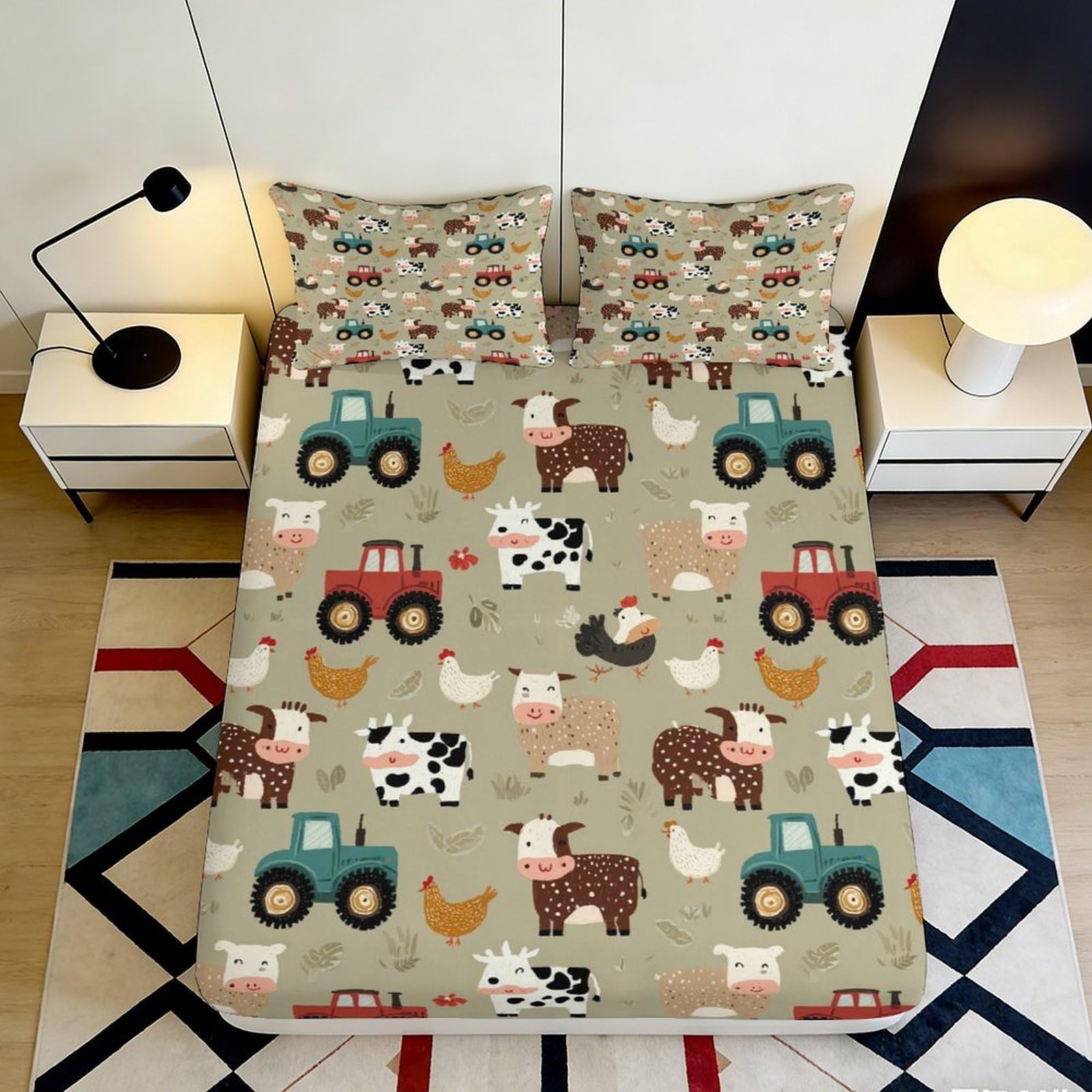 Pnayamiorkfel Style-6 3D Printed Farm Tractor Fitted Sheet Microfiber Soft Cows Chickens Mattress Cover For Bedroom Guest Room Decor 90X200x25cm