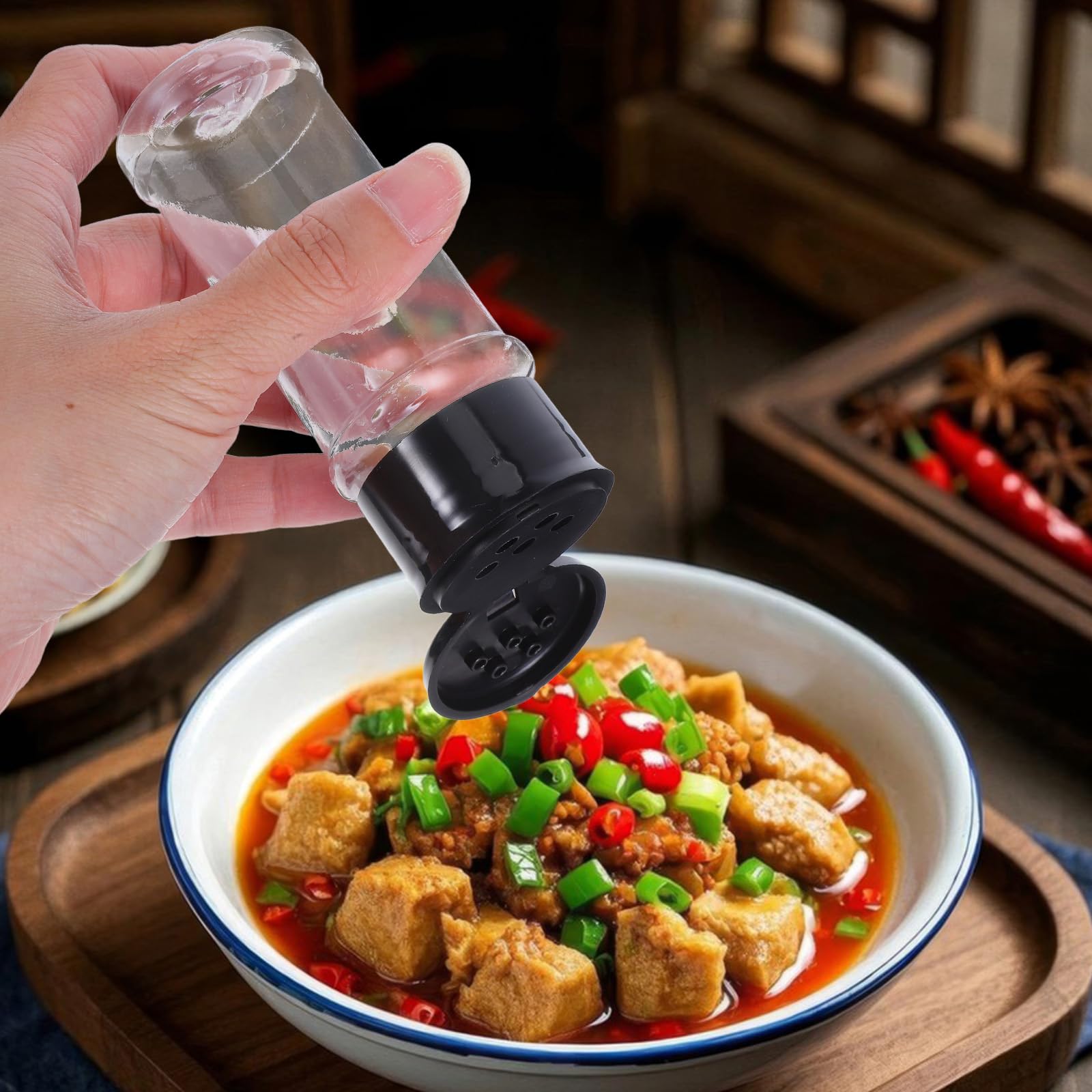 Cabilock 30 barattoli per spezie con coperchi neri, bottiglie vuote per condimenti da 100 ml, contenitori per condimenti in plastica per uso in cucina, per conservare spezie, condimenti e zucchero.