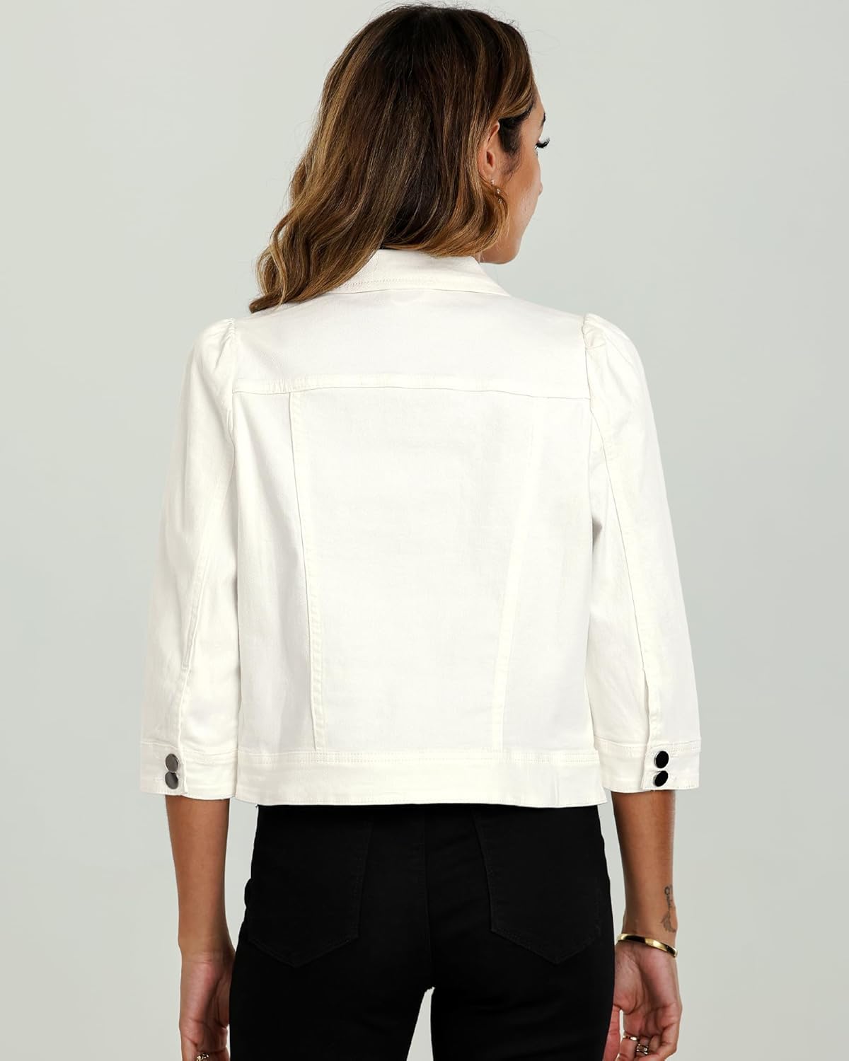 Vetinee Womens Jean Jacket Cropped Denim Jackets Stretchy 3/4 Puff Sleeve Distressed Shacket with Pockets - Image 5