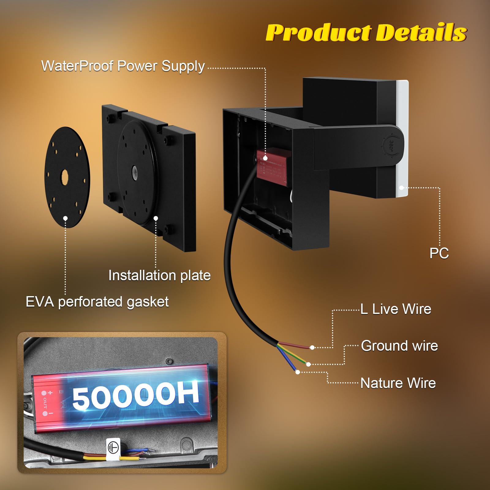 ledmo 60W LED Apliques Pared Exterior Interior 360° Rotación Negra Lámpara de Pared para Entrada Terraza Pasillo Focos LED Exterior 5000 Lumen Blanco Cálido 3000K Impermeable IP65