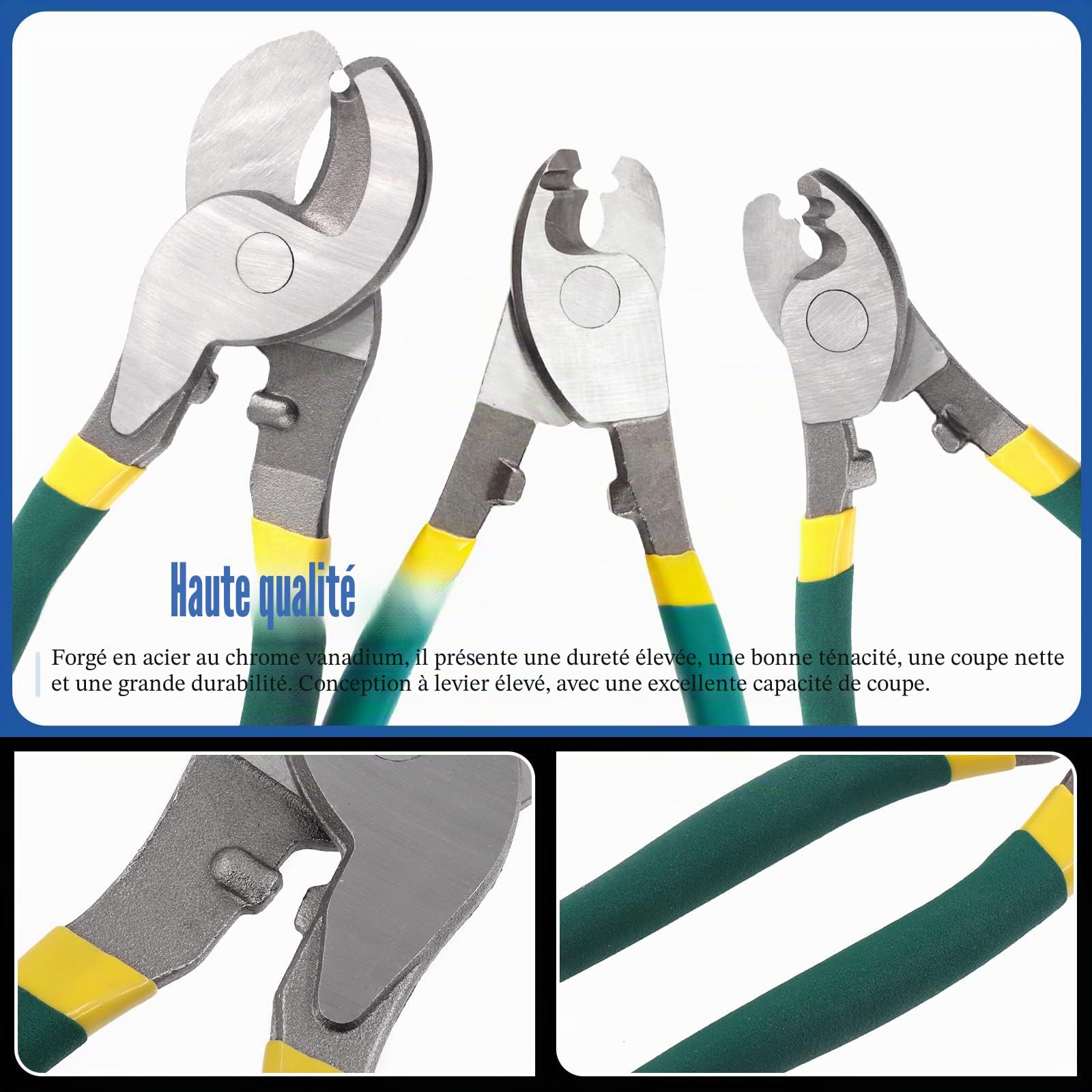 Glarks Lot de 3 coupe-câbles de 15.2 cm, 20.3 cm, 25.4 cm à haut effet de levier,Outil de coupe de câble tranchant avec prise en main confortable pour aluminium, fil audio, câble de frein de vélo
