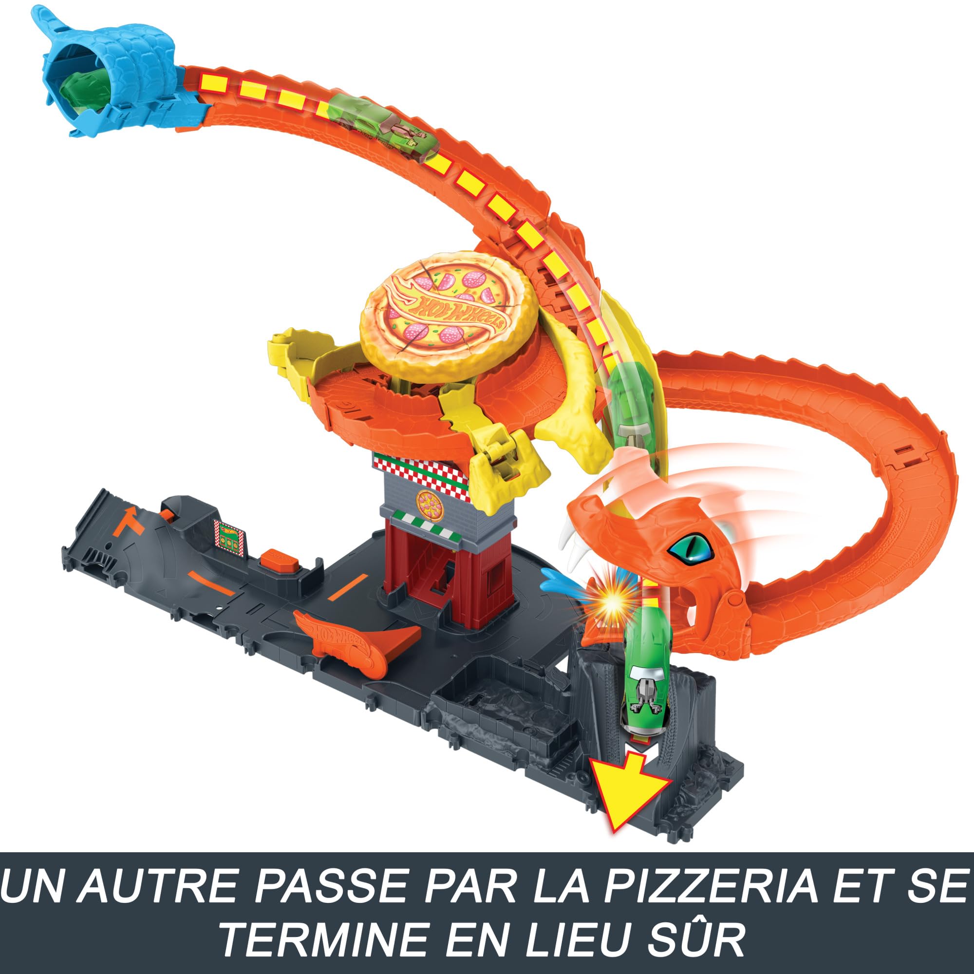 Hot Wheels Let’s Race Netflix - Coffret L’Attaque De La Pizzeria avec 1 Voiture Incluse, Piste Serpent en Spirale, Générateur Aléatoire, Échelle 1/64, Jouet Enfant, A Partir De 4 Ans, HTN81