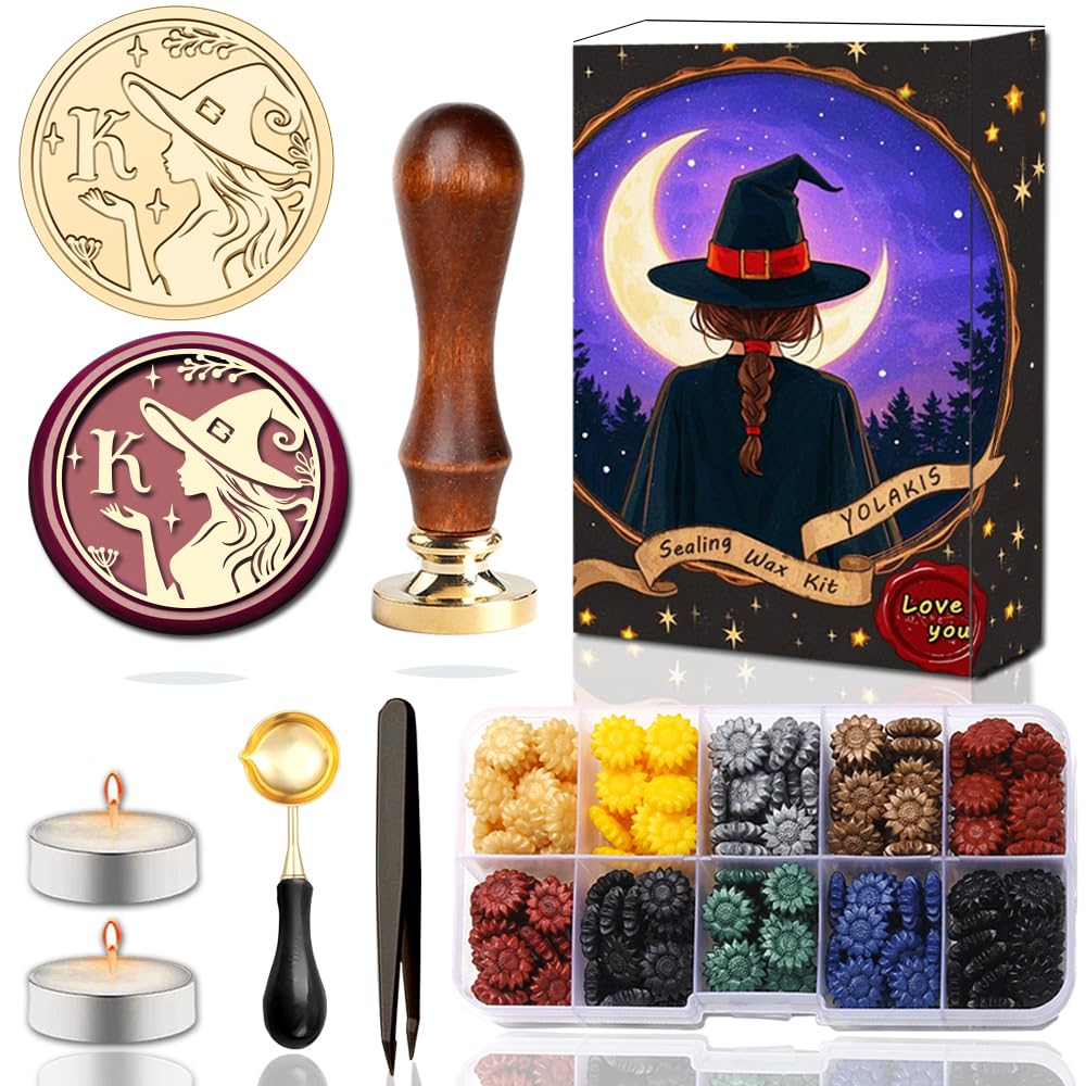 YOLAKIS Alphabet K Wax Seal Stamp Kit - Magical Girl Style Initial Letter K - Brass Head - Ideal for Decorating Christmas Cards, Envelopes, Gift Wraps