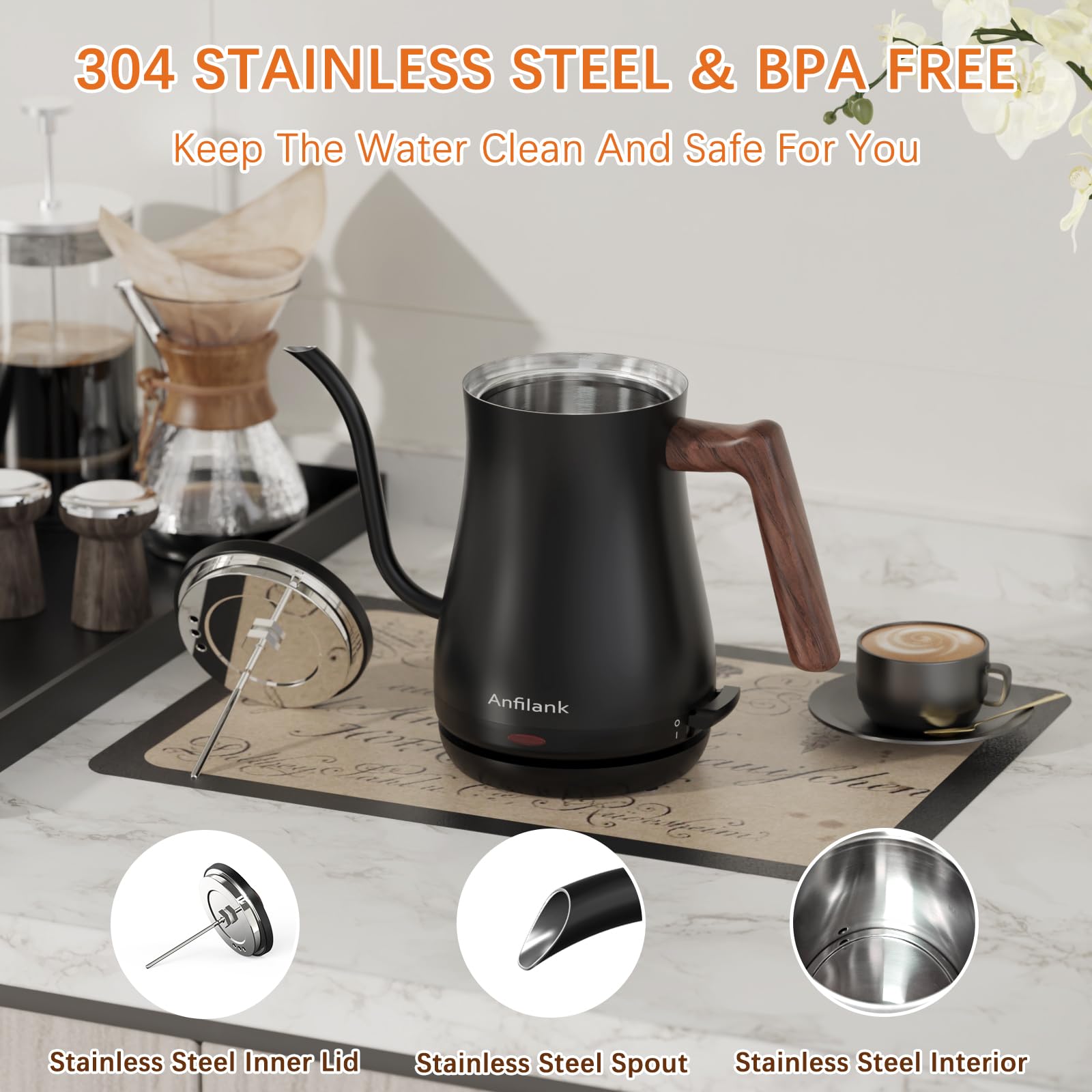 Anfilank - Hervidor eléctrico de cuello de cisne con termómetro, tetera eléctrica pequeña de 0,8 L, calor rápido de 1200 W, vertido de precisión para café y té, apagado automático y protección contra