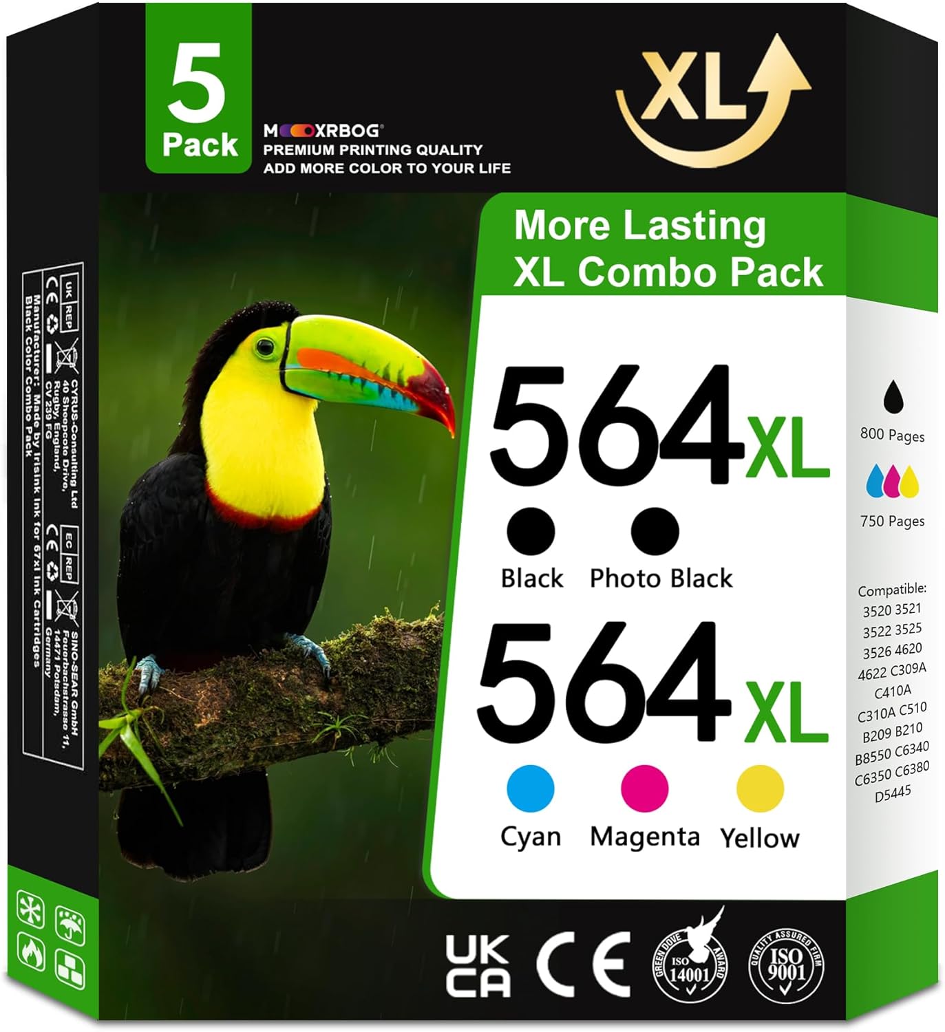 564XL Ink Cartridges High Yield Replacement for HP 564XL 564 Ink Compatible for PhotoSmart 7520 7525 5520 6520 6510 C309G DeskJet 3520 3522 Printer 5-Pack (Bk/PBK/C/M/Y)