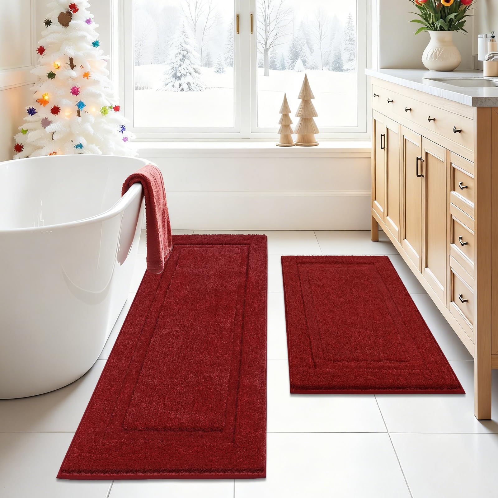 SHACOS Red Christmas Bathroom Rugs Sets 2 Piece 32x20 + 47x20 inch, Non Slip Bath Mat Microfiber Washable Bathroom Rugs, Soft Fluffy Water Absorbent