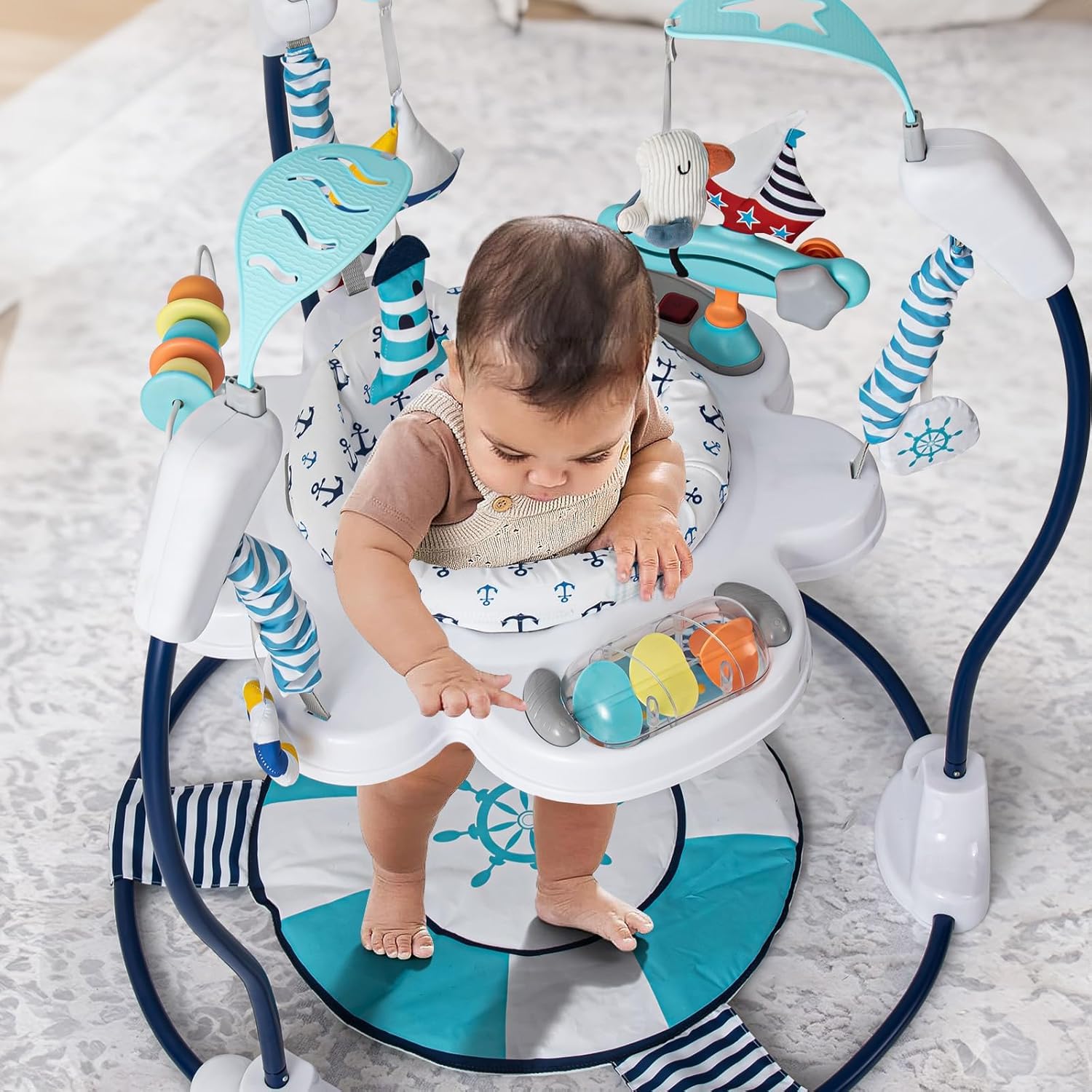 LADIDA Stationäres Aktivitätszentrum für Babys, Babywippe, springend, 360 °, mit Musikspielzeug und verstellbaren Höhen (Marineblau)