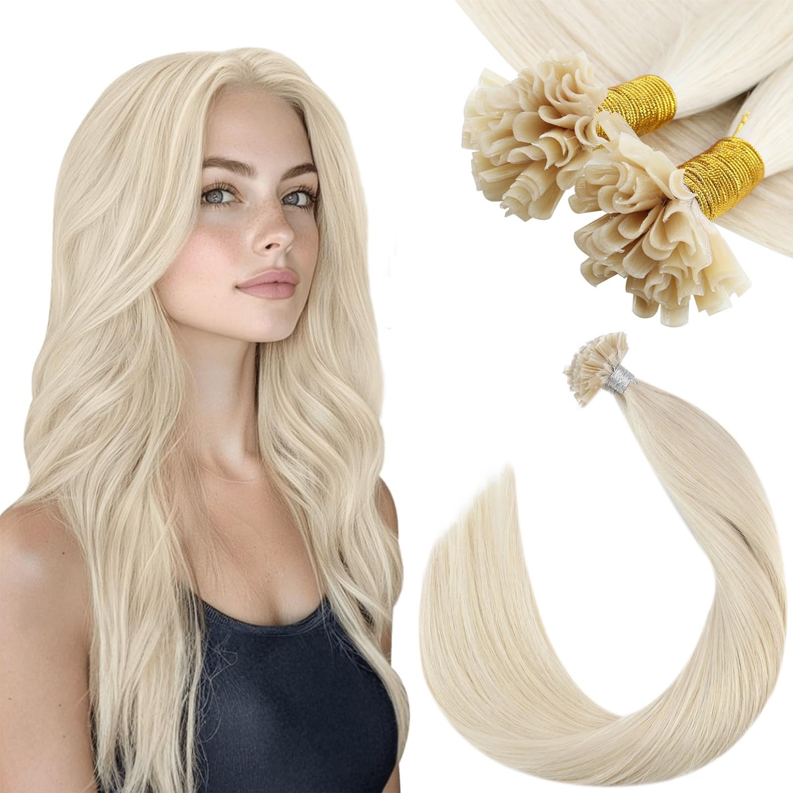Ugeat Przedłużanie Włosów Keratyna Utip, Włosy Ludzkie, Platynowy Blond, 35cm 50 sztuk 50g, Przedłużanie Włosów U Tip Blond, Remy Naturalne Proste