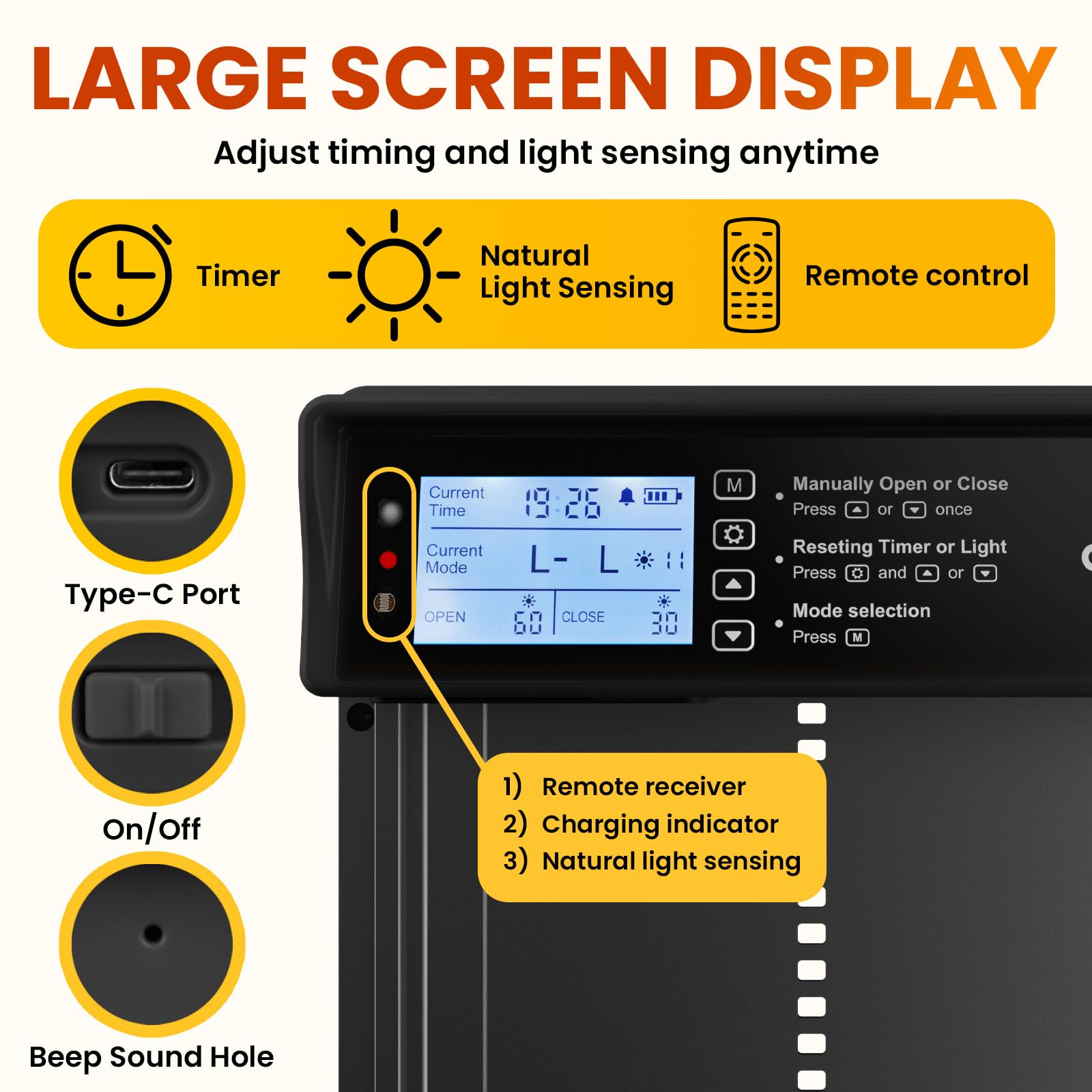 Okkobi Automatyczne drzwi do kurnika na energię słoneczną - Ekran LCD - Pilot, czujnik światła i timer - Bezpieczeństwo i spokój ducha: Funkcja zapobiegająca przytrzaśnięciu - 5 lat ochrony