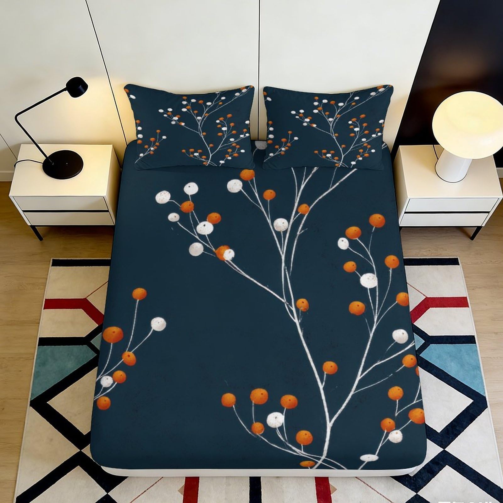 3D Printed Floral Branch Fitted Sheet Microfiber Soft Durable 3D Printed Orange White Berries Mattress Cover for Bedroom Dormitory Guest Room Protection 90x200x25cm