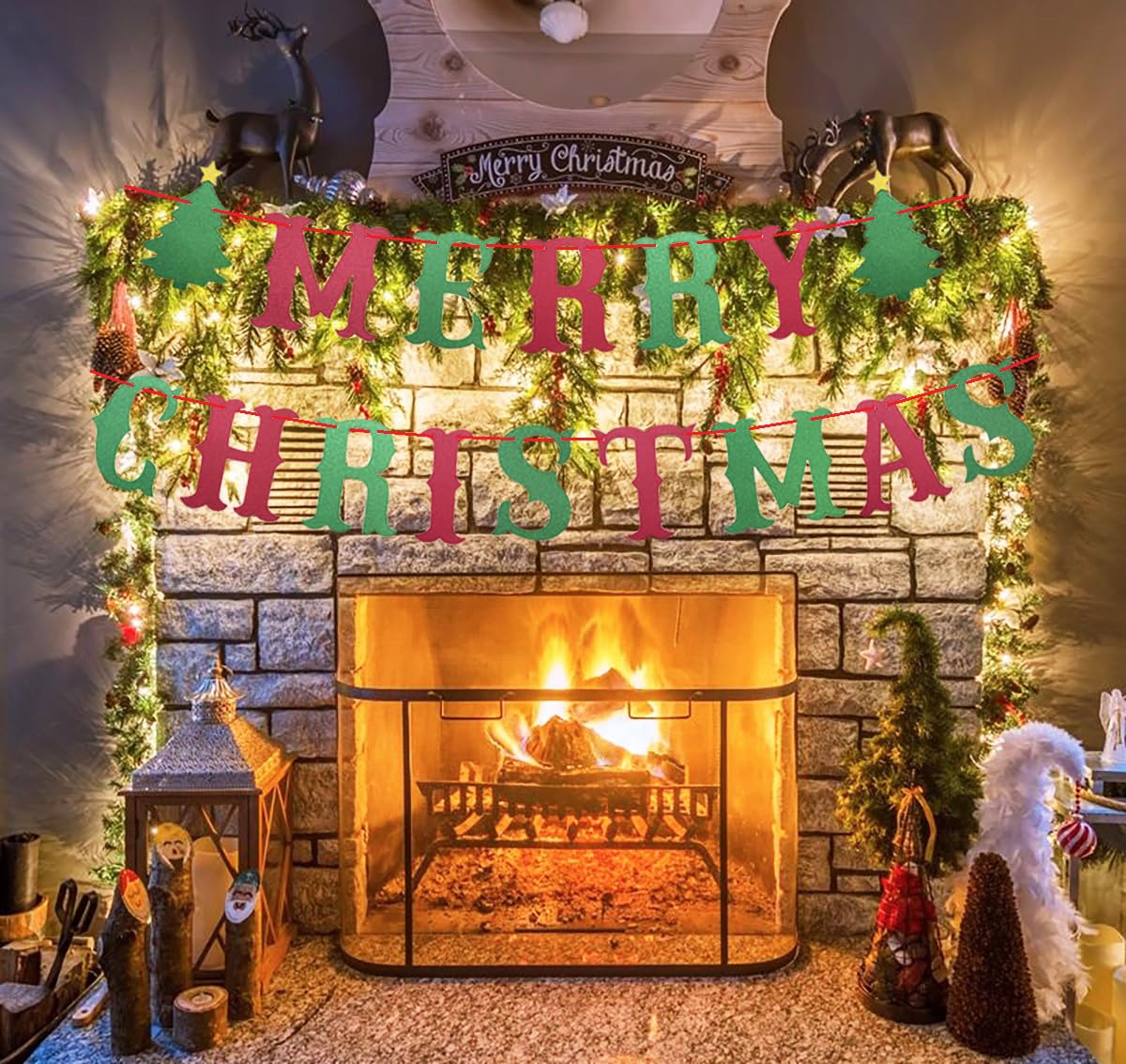 Glitter Christmas Happy Birthday Banner Set – Red & Green Party Decor For Christmas Birthday, Fireplace Mantel, Home & Office